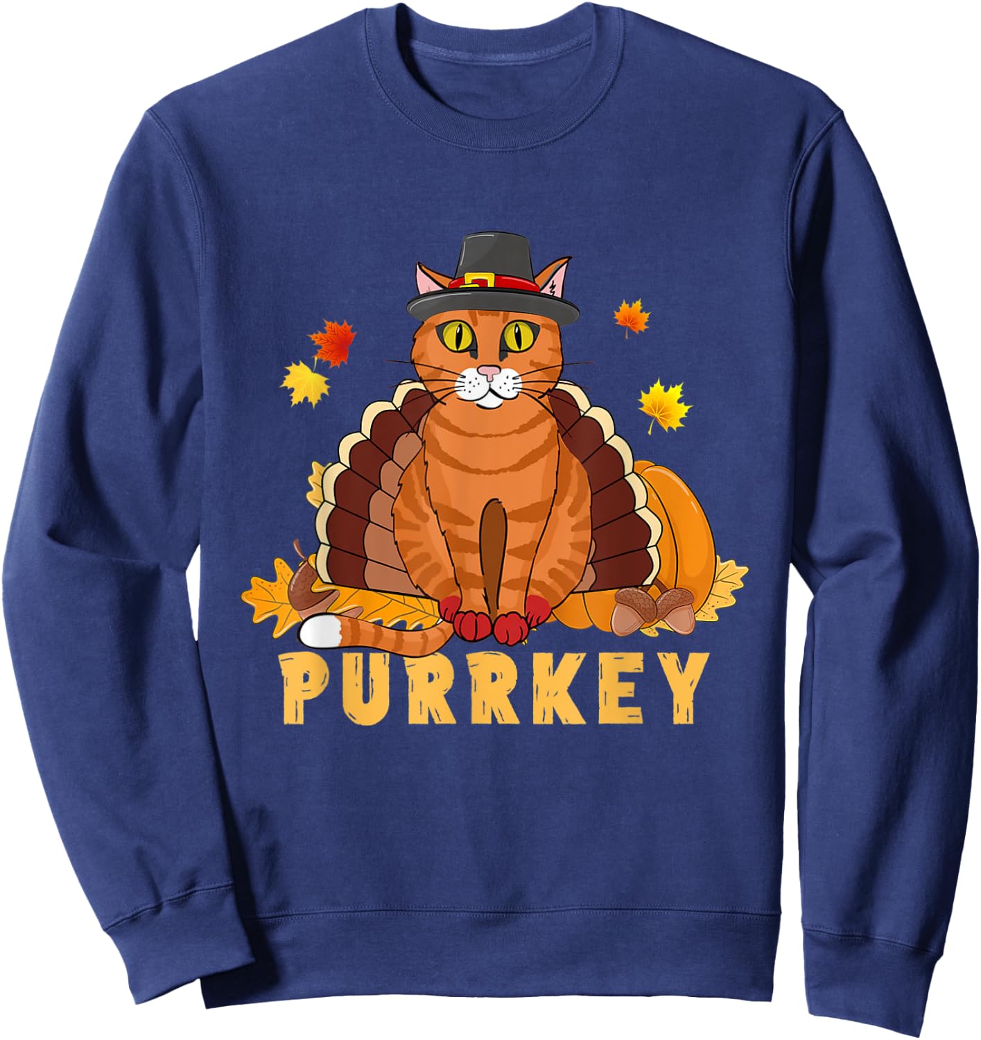 Purrkey Turkey Cat Funny Thanksgiving Cat Kitten Mom Dad Women Kids Sweatshirt - Sweatshirt | Navy