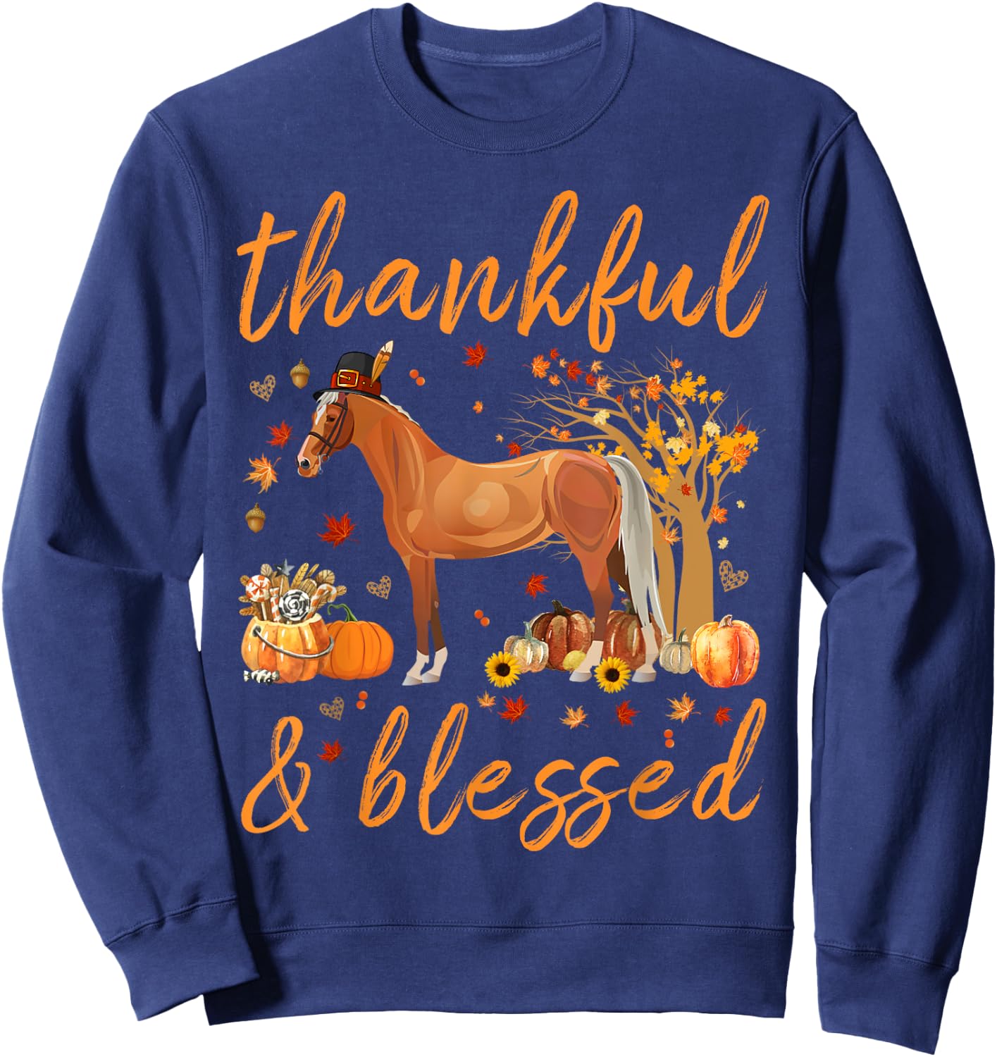 Thankful Grateful Blessed Horse Thanskgiving Matching Sweatshirt - Sweatshirt | Navy