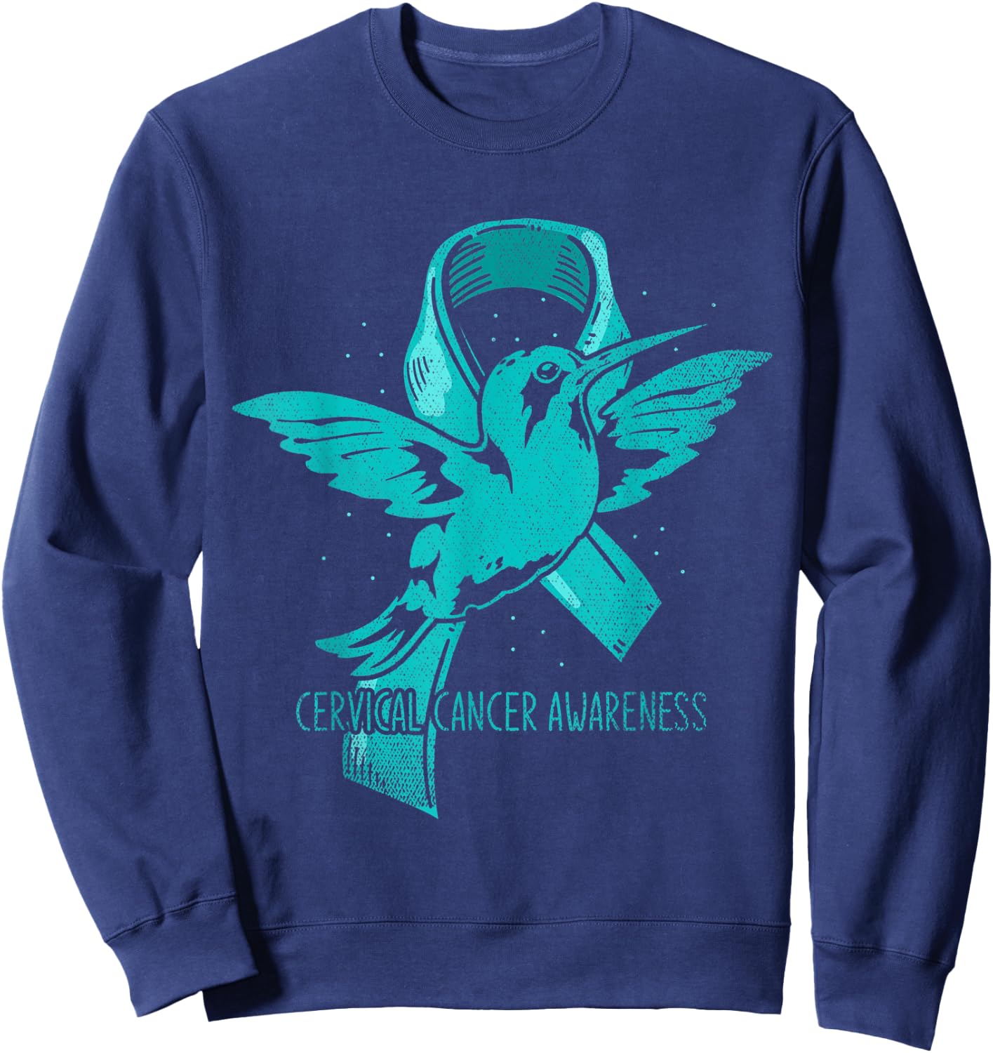 Hummingbird Teal Ribbon Warrior Cervical Cancer Awareness Sweatshirt - Sweatshirt | Navy