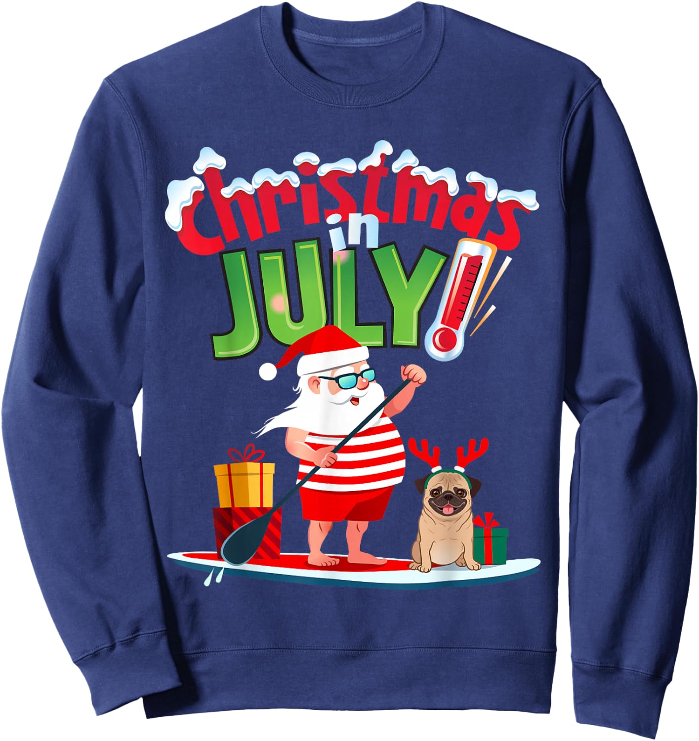 Funny Christmas in July Shirt Summer Beach Vacation Pool Pug Sweatshirt - Sweatshirt | Navy