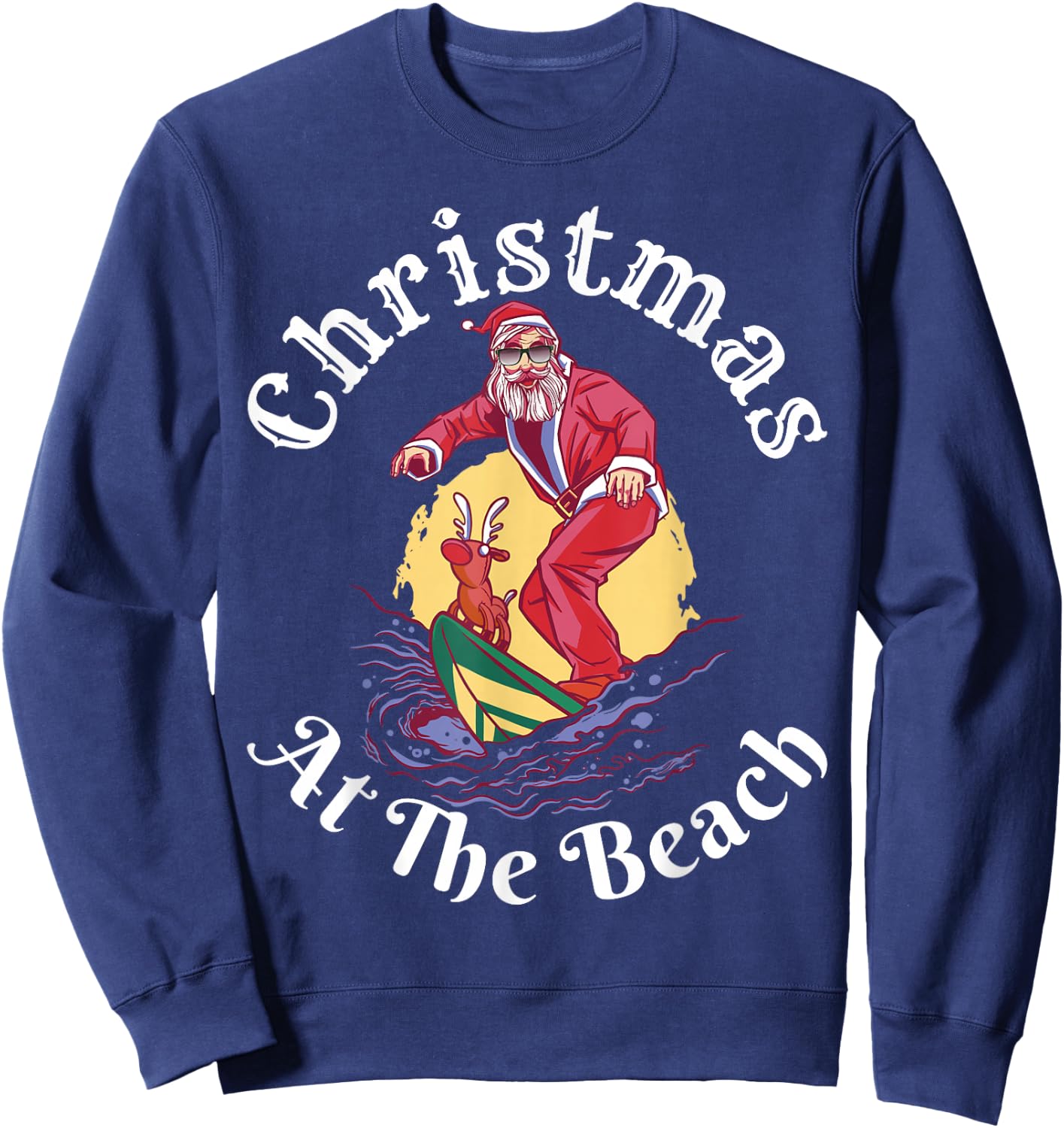 Christmas At The Beach Funny Santa Surfing With Reindeer Sweatshirt - Sweatshirt | Navy
