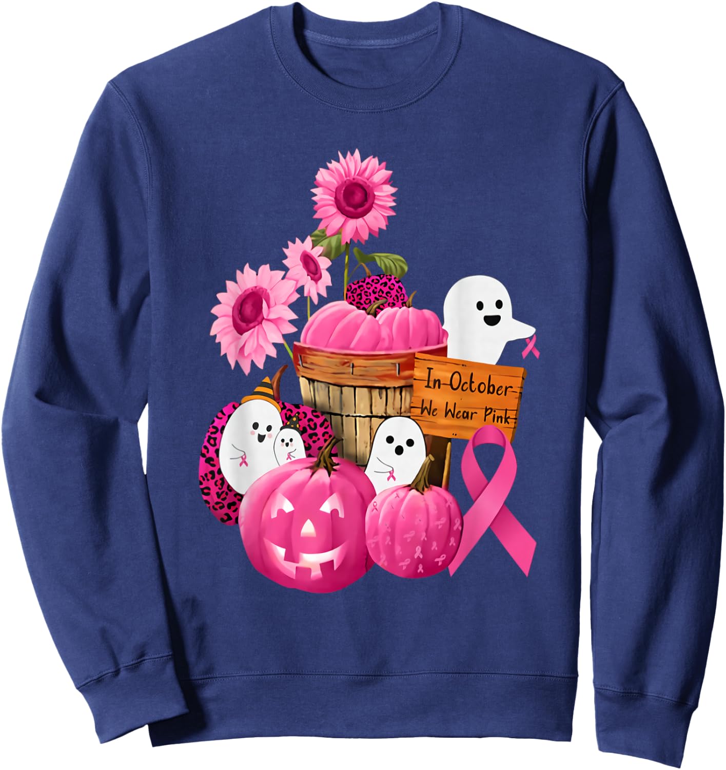 In October We Wear Pink Ghosts & Pumpkins For Breast Cancer Sweatshirt - Sweatshirt | Navy