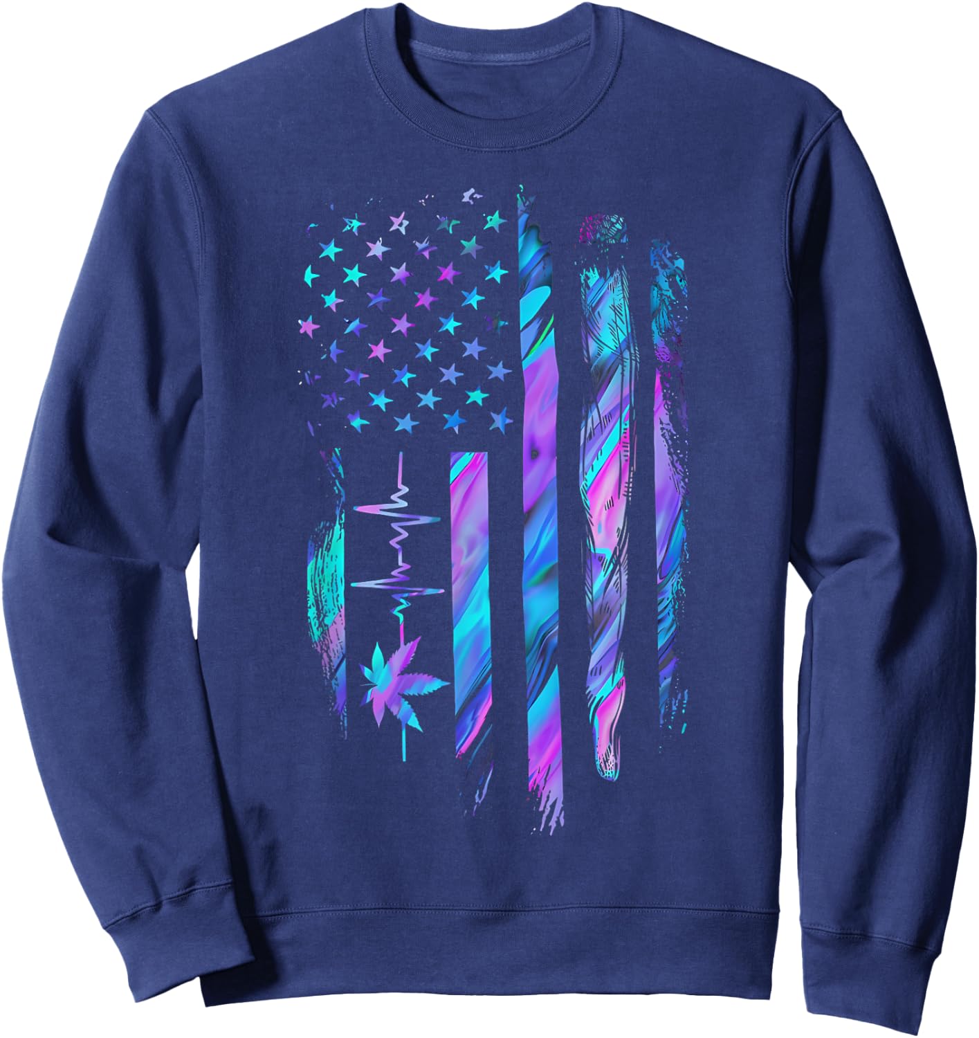 Marijuana Leaf Heartbeat US Flag Weed Cannabis 4th of July Sweatshirt - Sweatshirt | Navy