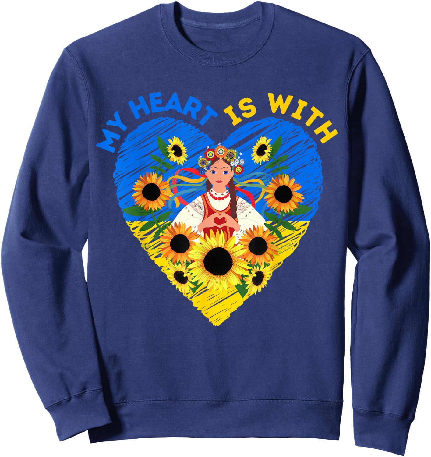 MY HEART IS WITH UKRAINE, Ukrainian Flag Traditional Women Sweatshirt - Sweatshirt | Navy