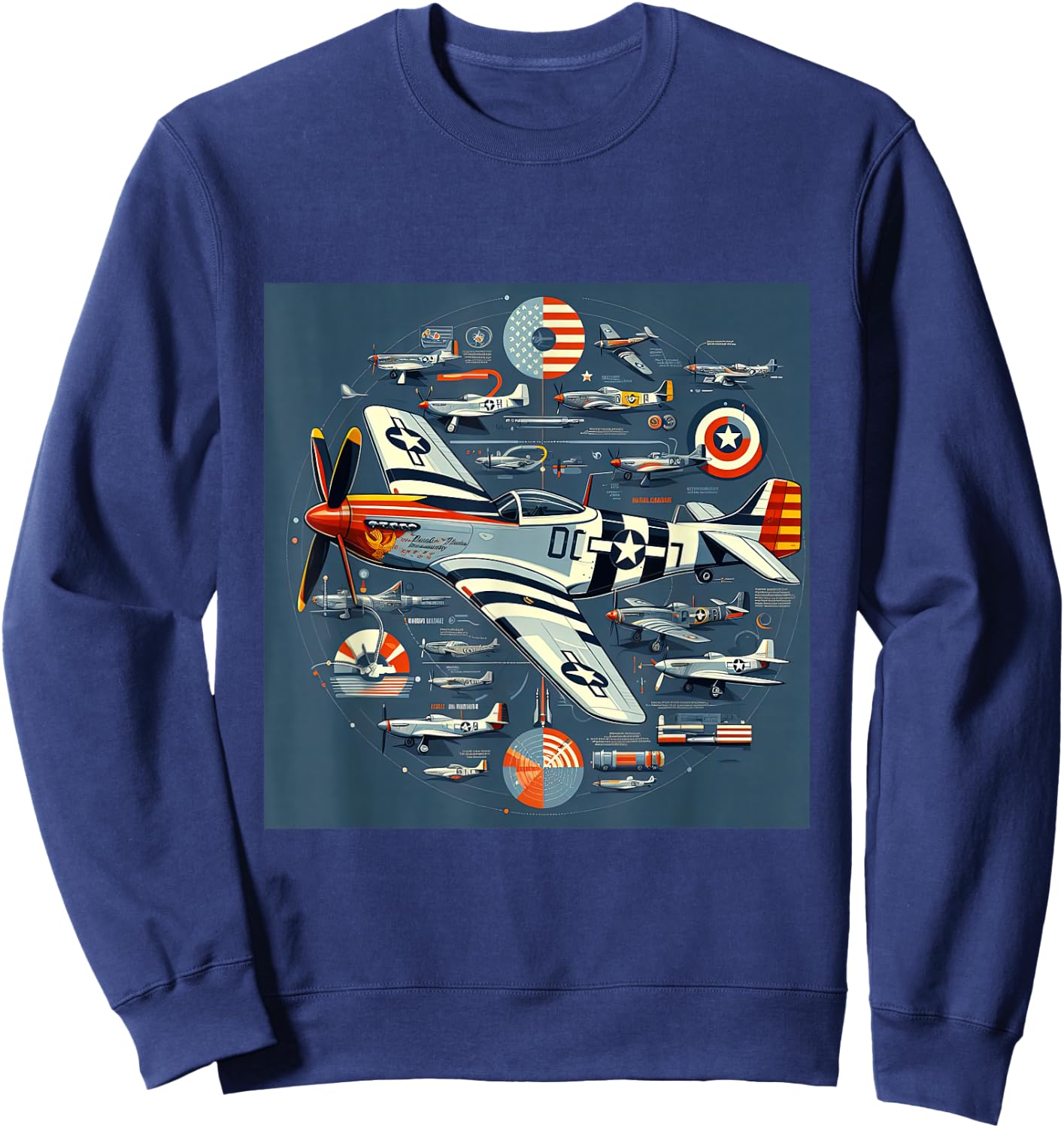 P51 Mustang WW2 Warplane Airplane Infographics Sweatshirt - Sweatshirt | Navy