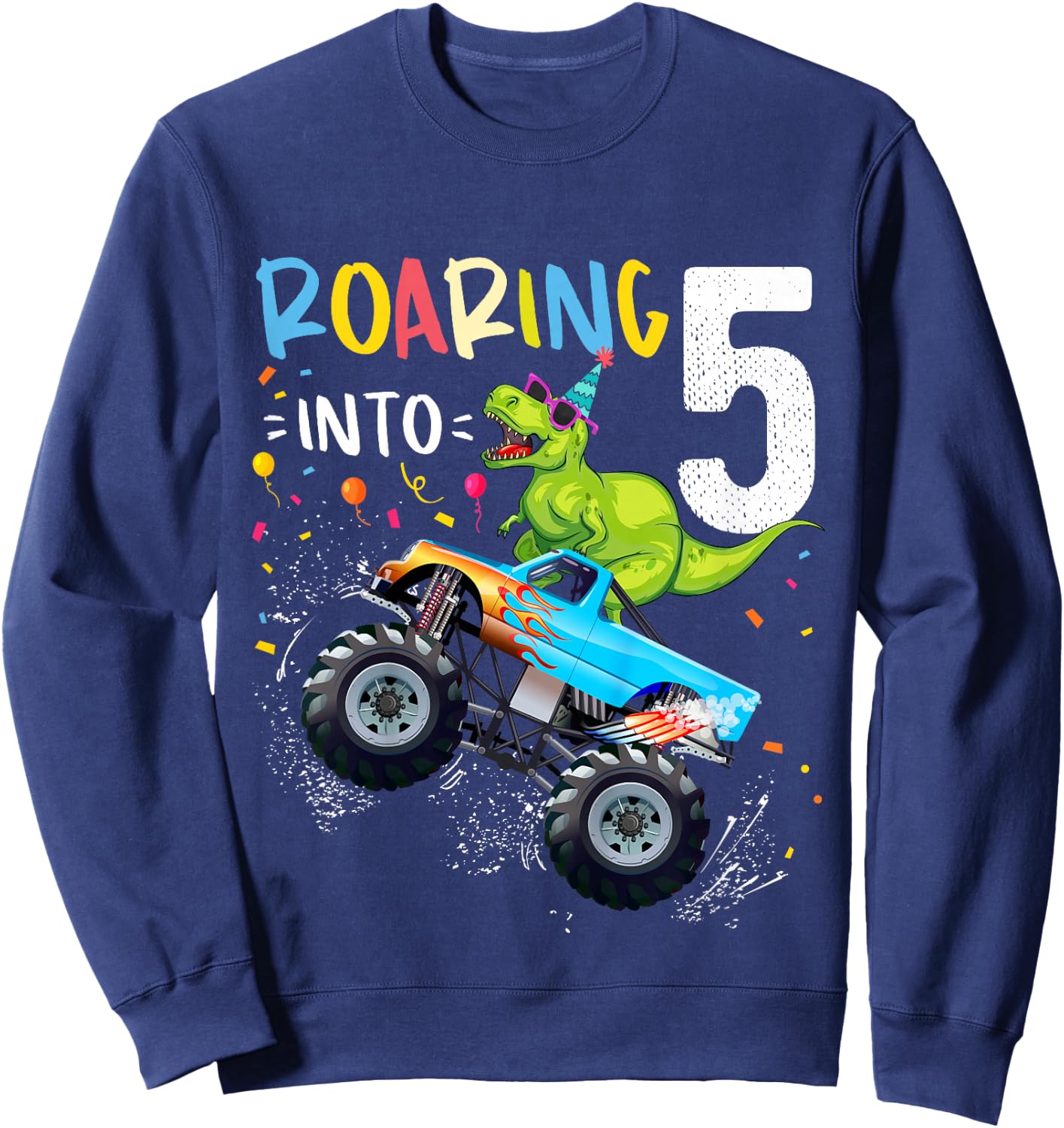 5th Birthday T Rex Dinosaur Monster Truck Boys and Girls Sweatshirt - Sweatshirt | Navy