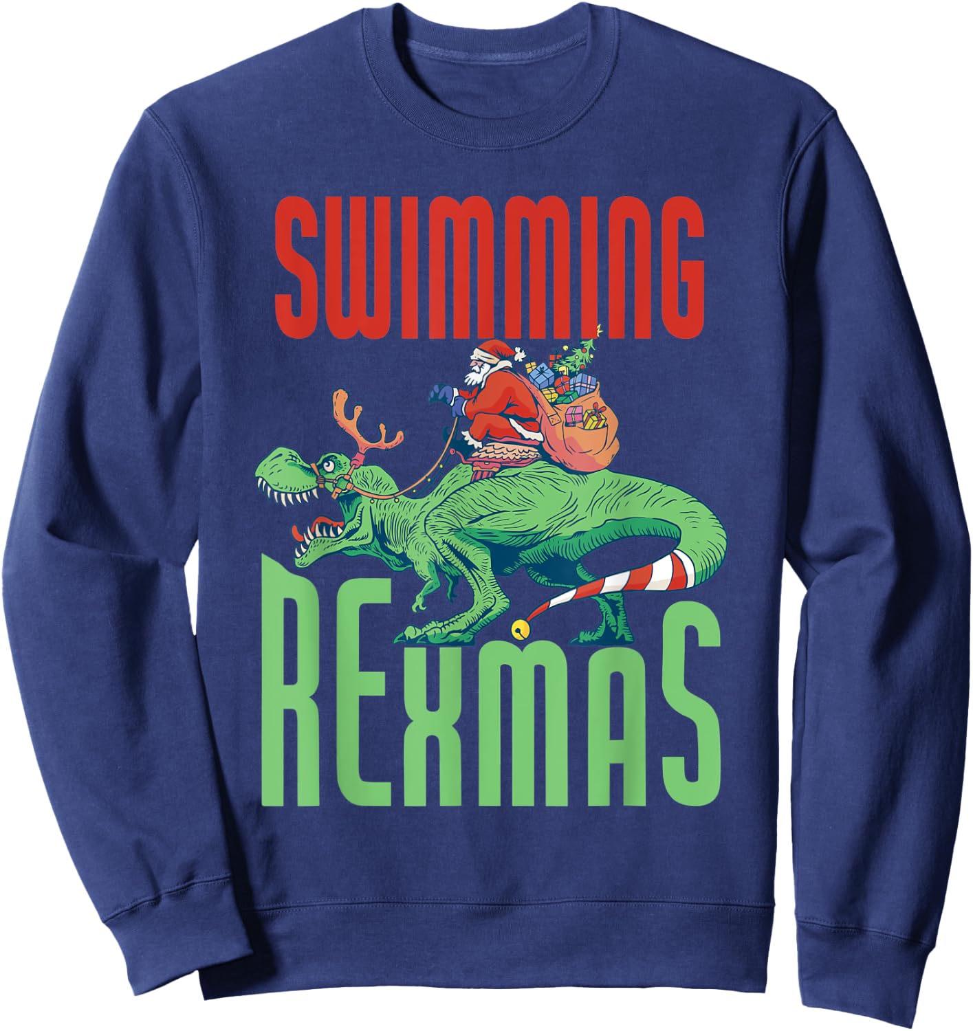 Swimming Rexmas T-Rex Dinosaur Christmas Holiday - Swimmer Sweatshirt - Sweatshirt | Navy
