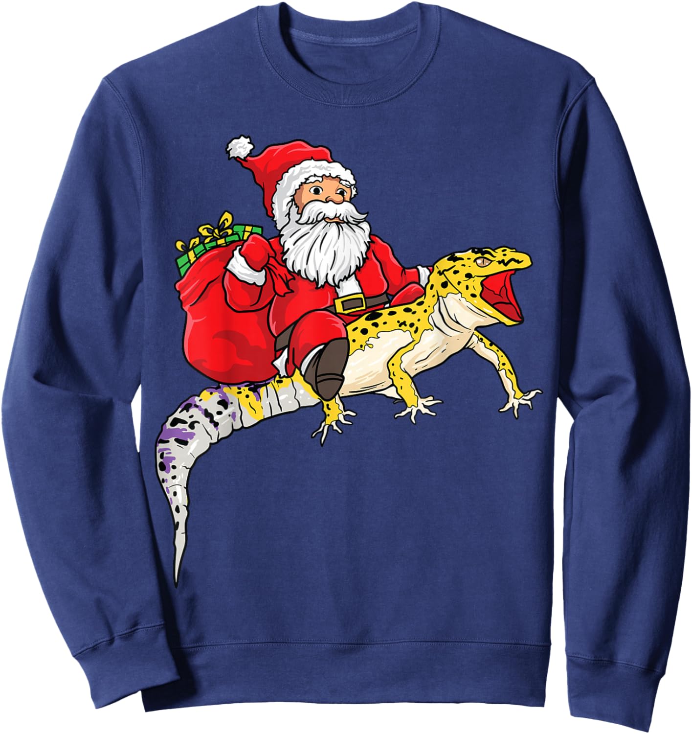 Fun Santa Delivering Presents On Leopard Gecko Lizard Sweatshirt - Sweatshirt | Navy