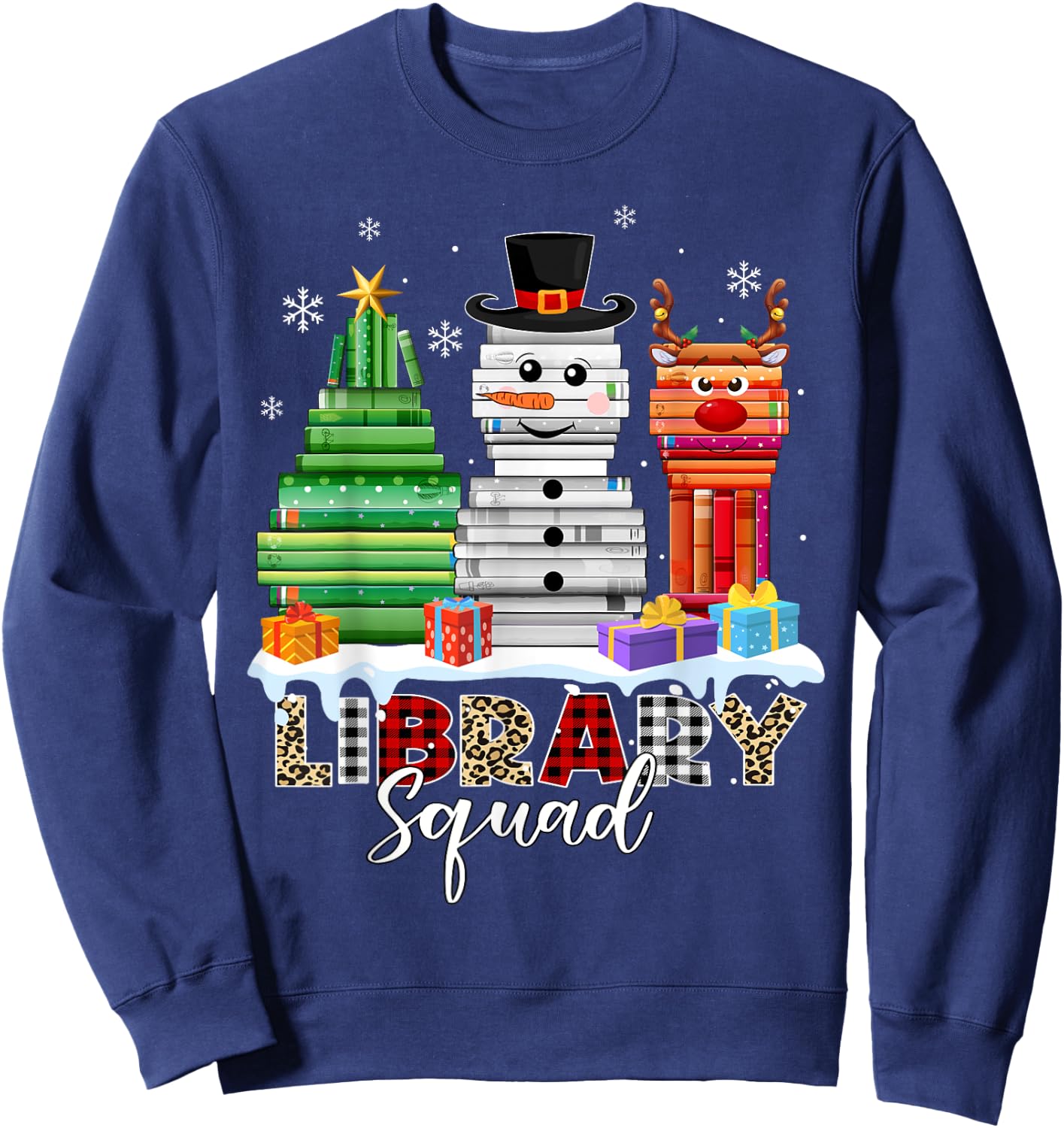 Christmas Librarian Books Xmas Tree Snowman Reindeer Library Sweatshirt - Sweatshirt | Navy