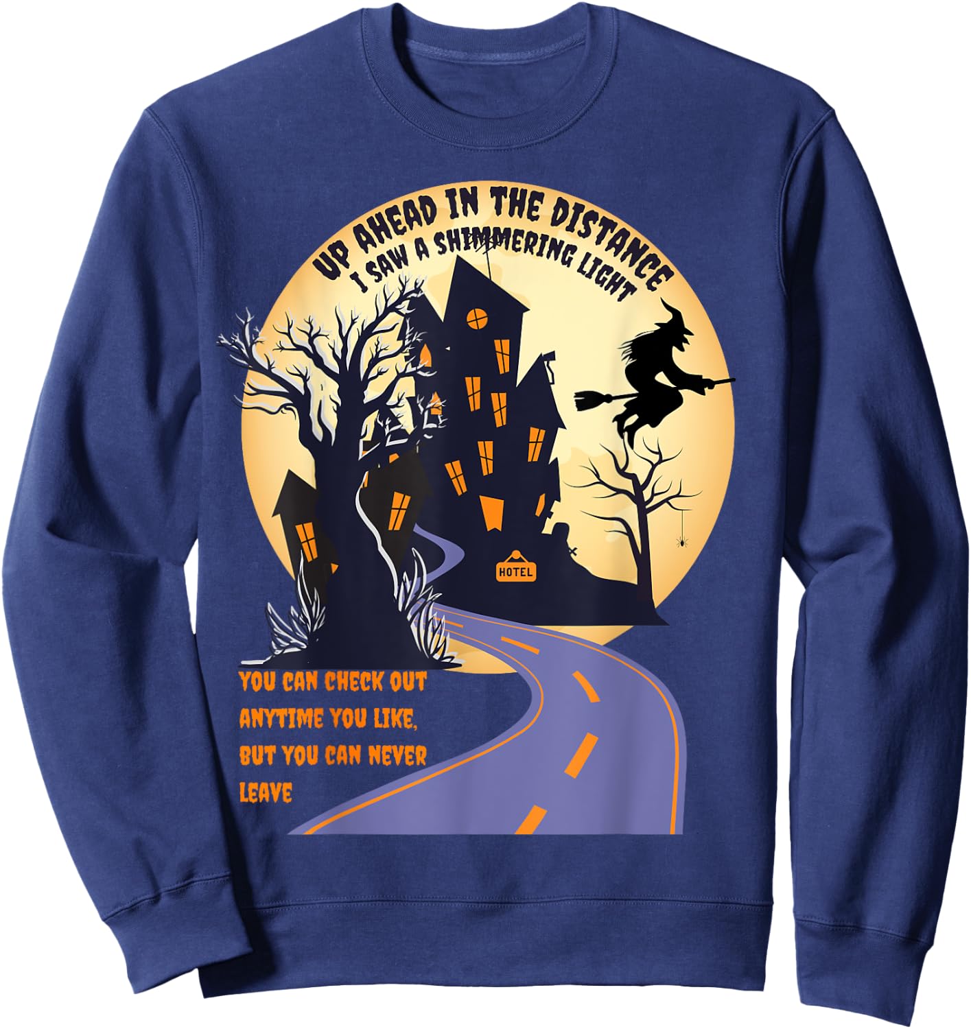 Witch riding broom on a dark/desert high way halloween moon Sweatshirt - Sweatshirt | Navy