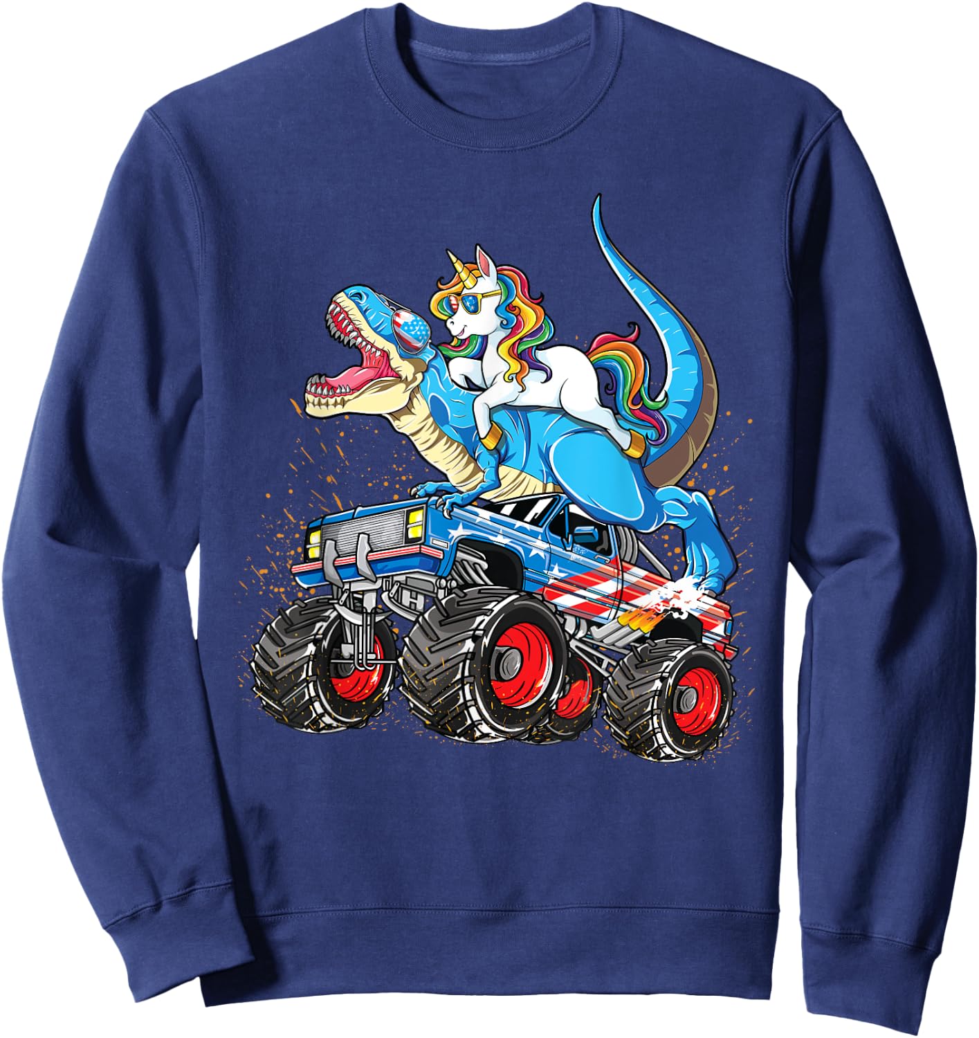 Unicorn Riding T rex Monster Truck Boys Girls Unicorn Sweatshirt - Sweatshirt | Navy
