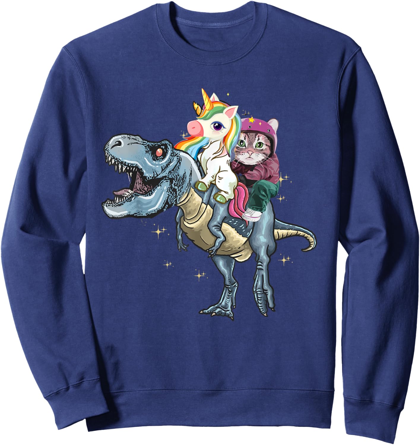 T-Rex Dinosaur Riding Unicorn Rainbow Funny Cat Lover Sweatshirt - Sweatshirt | Navy