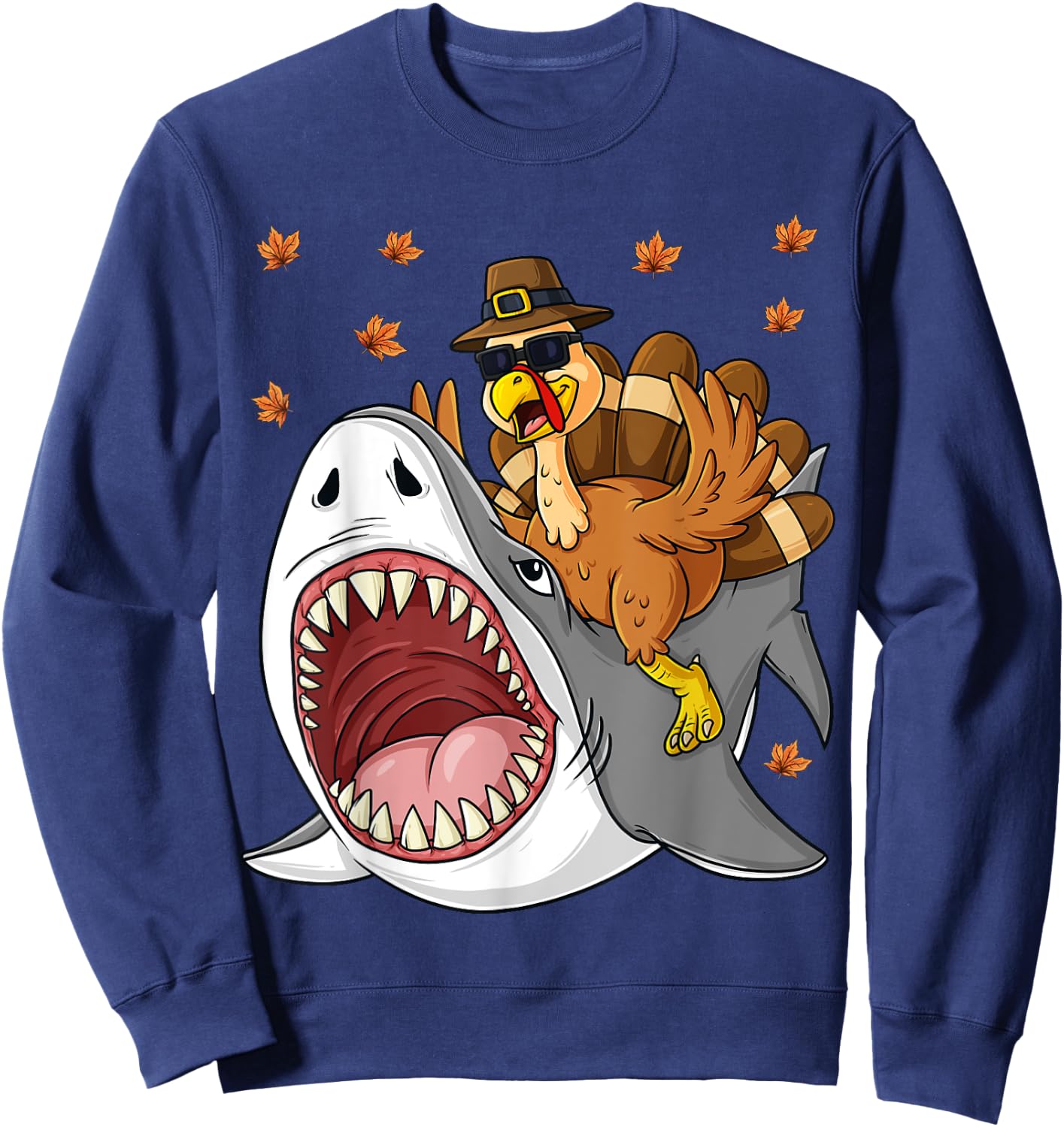 Thanksgiving Turkey Riding Shark Funny Toddler Boys Kids Sweatshirt - Sweatshirt | Navy