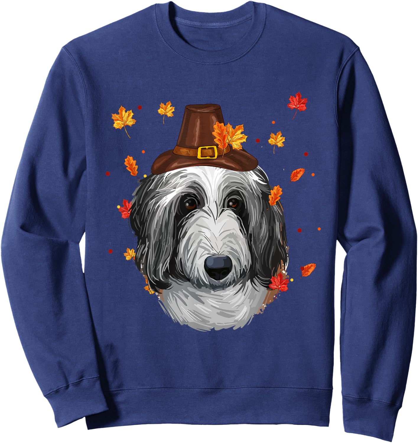 English Sheepdog Dog Pilgrim Hat Fall Happy Thanksgiving Day Women Girls Kids Sweatshirt - Sweatshirt | Navy