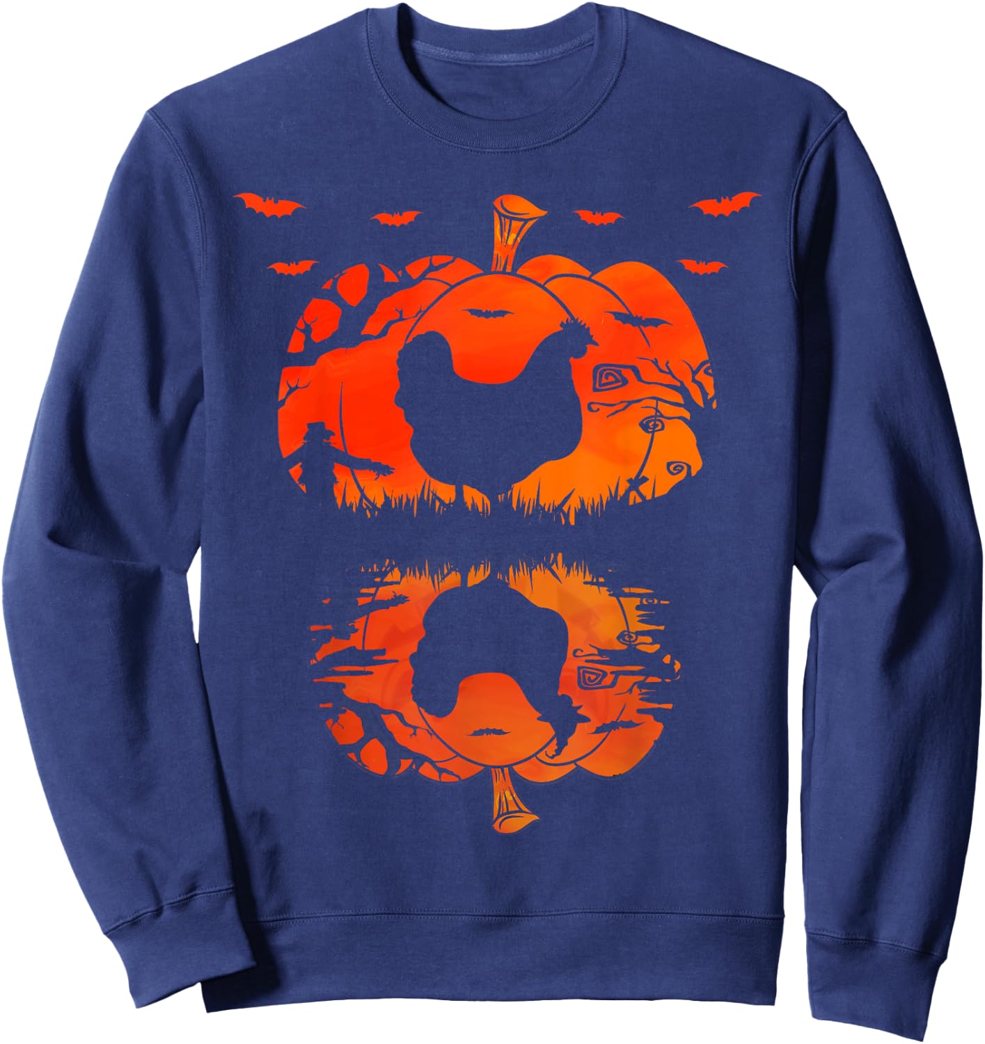 Chicken Silhouette Pumpkin Halloween Funny Chicken Witch Sweatshirt - Sweatshirt | Navy
