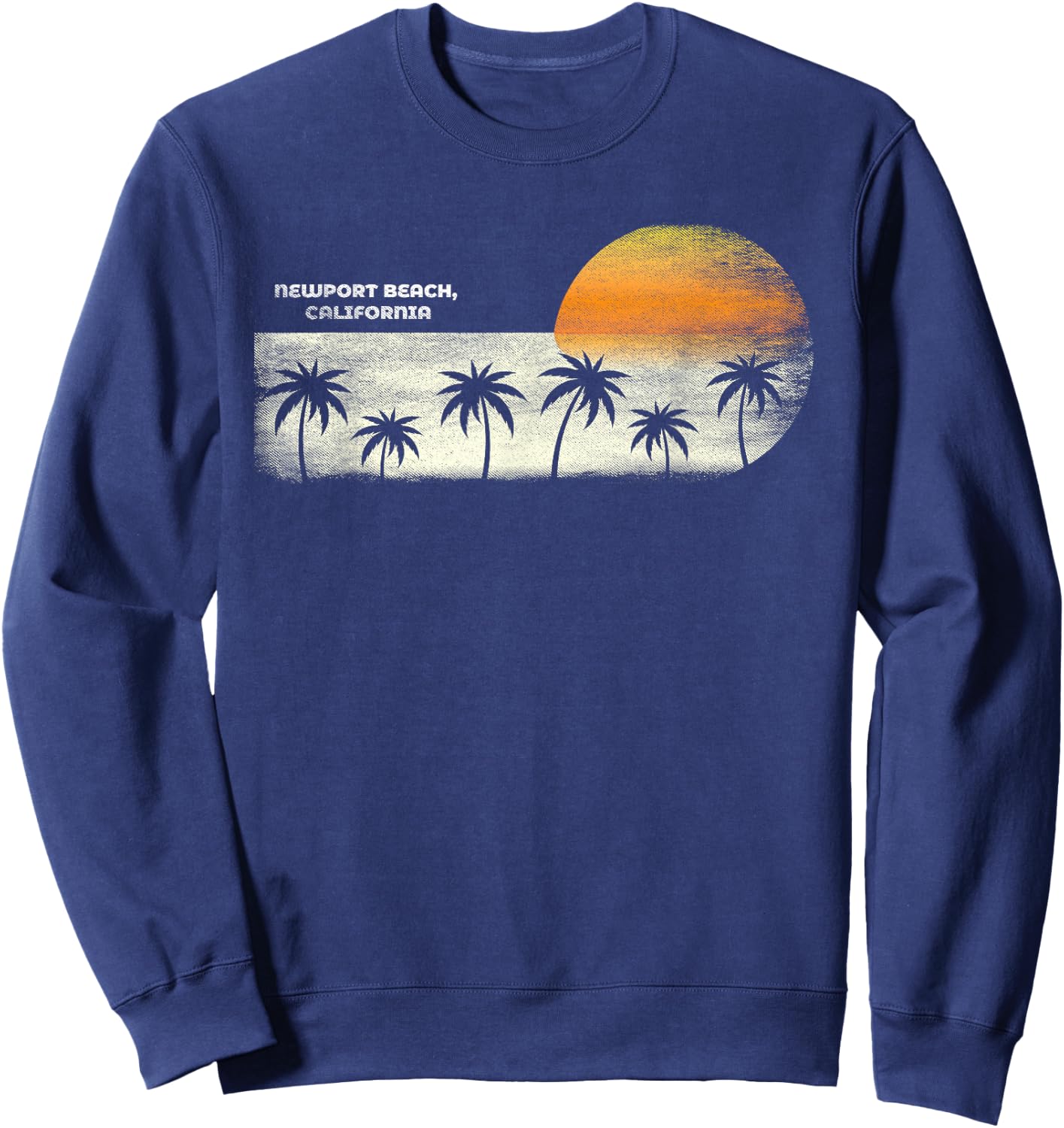 Vintage Newport Beach CA Ocean Sunset and Palm Trees Sweatshirt - Sweatshirt | Navy