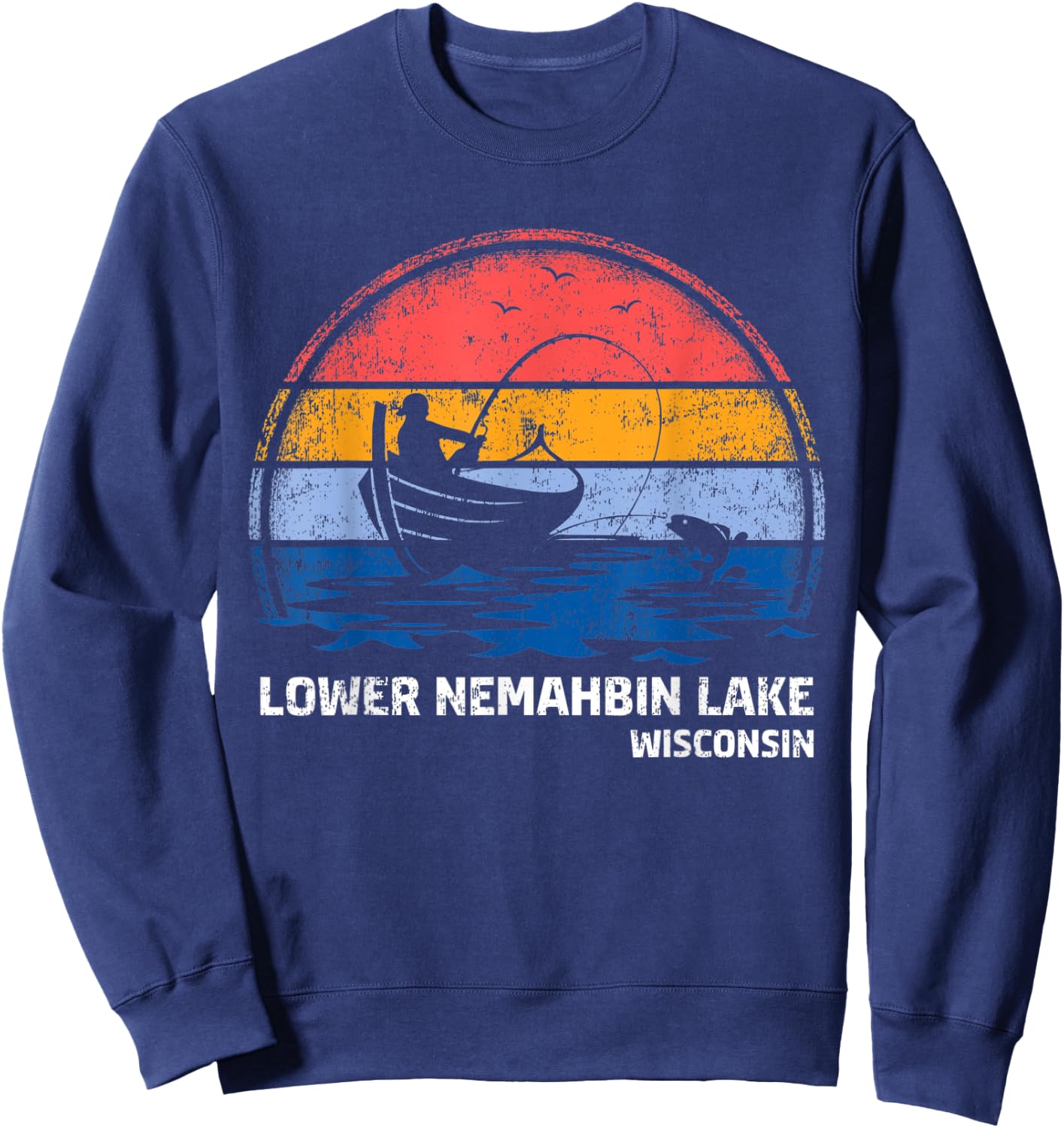 Vintage Retro Wisconsin Lower Nemahbin Lake Summer Fishing Sweatshirt - Sweatshirt | Navy