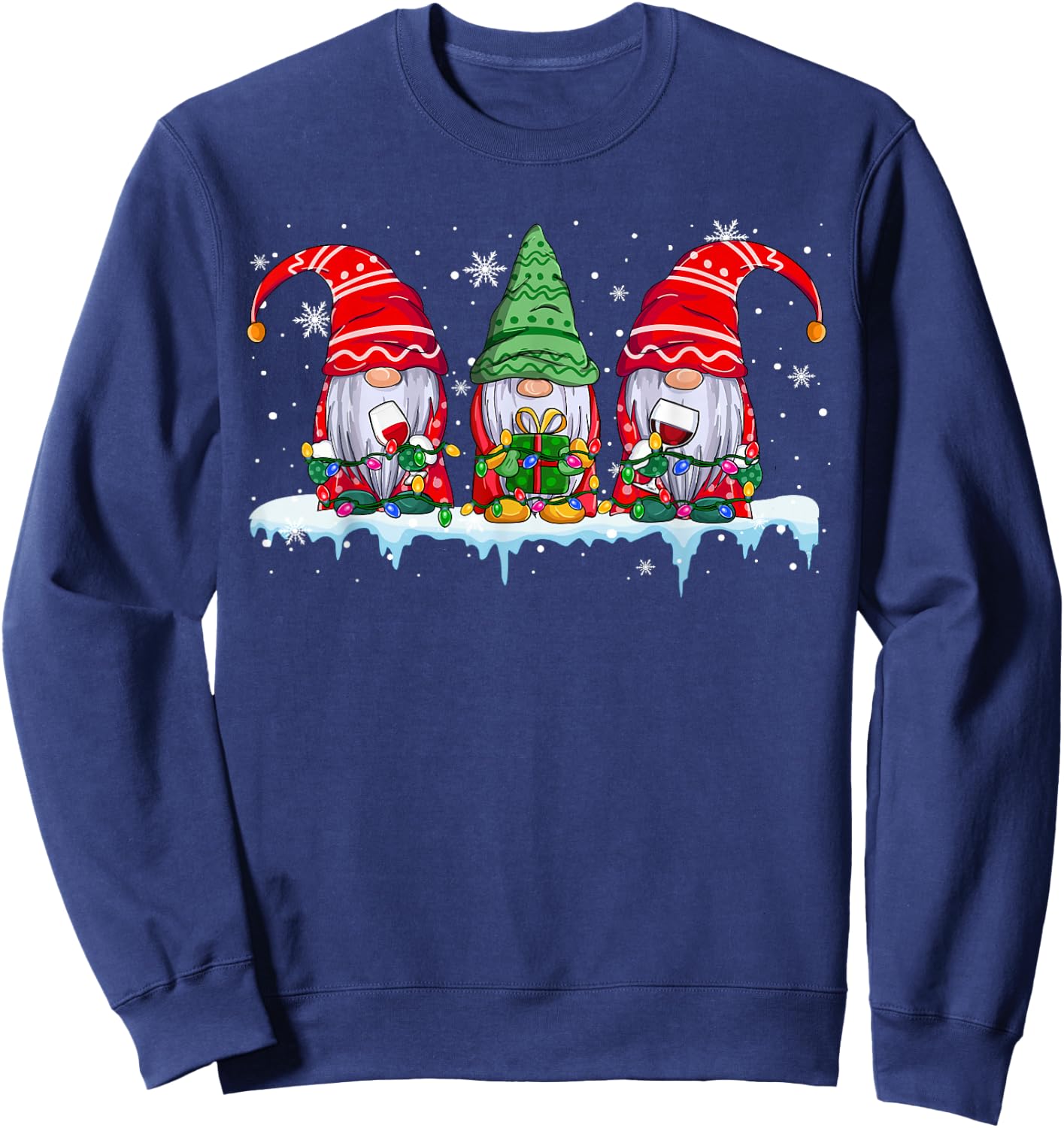 Three Gnomes Drinking Wine Funny Xmas Lights Gnome Wine Sweatshirt - Sweatshirt | Navy