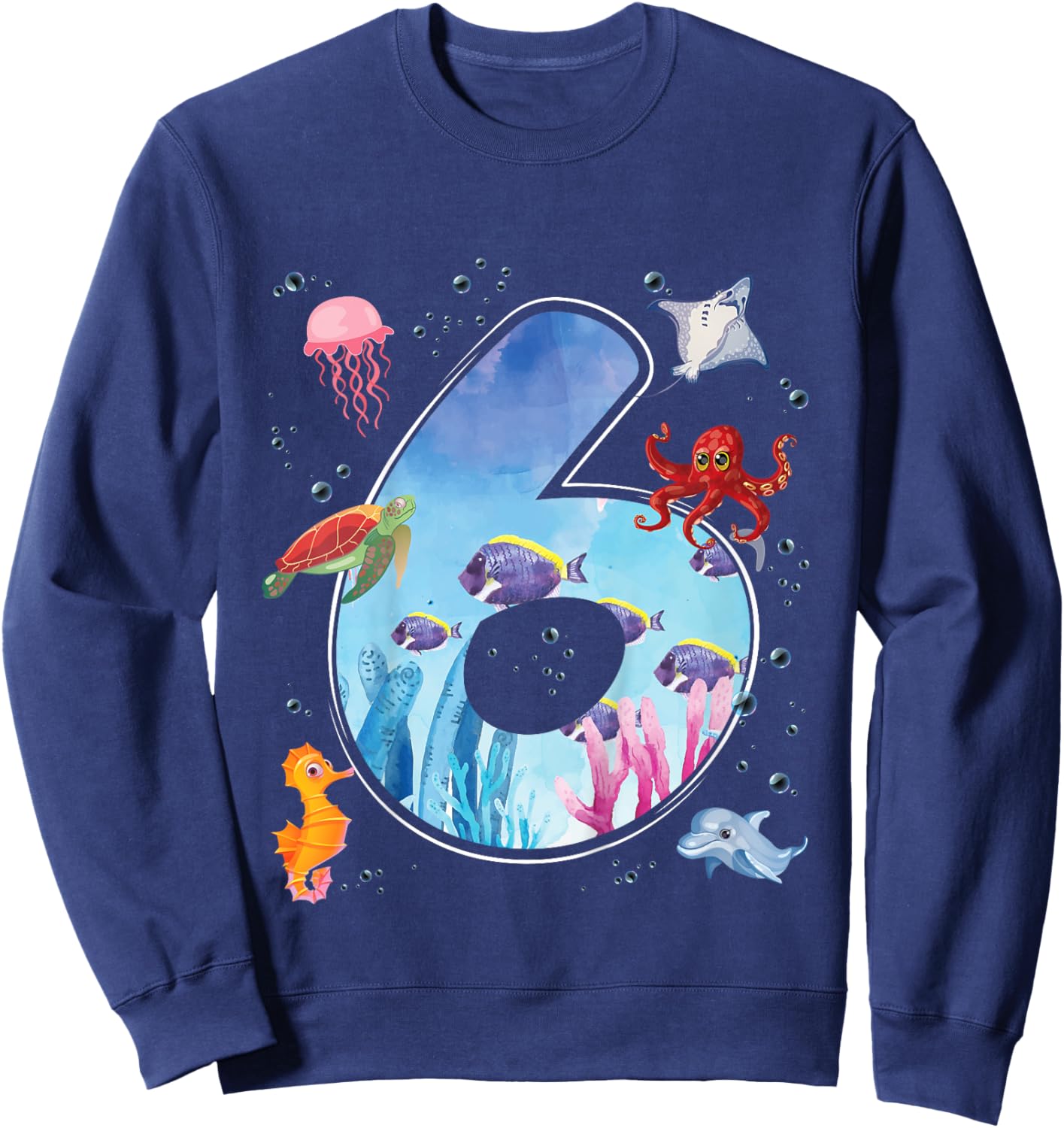 Kids 6th Birthday Party Ocean 6 Year Old Sea Fish Aquarium Boy Sweatshirt - Sweatshirt | Navy