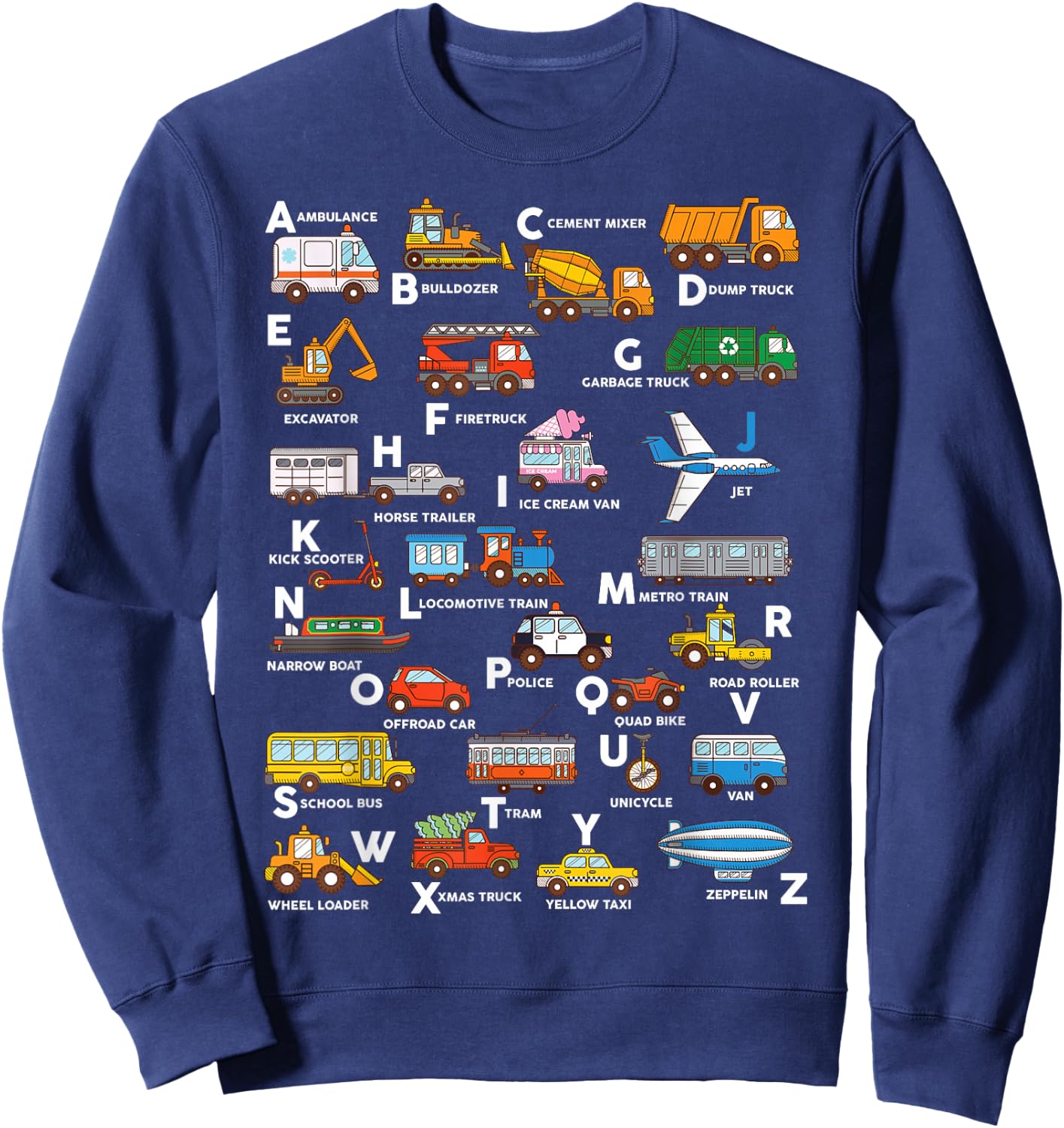 Alphabet Vehicles ABCs Learning Teachers Kids Boys Girls Sweatshirt - Sweatshirt | Navy