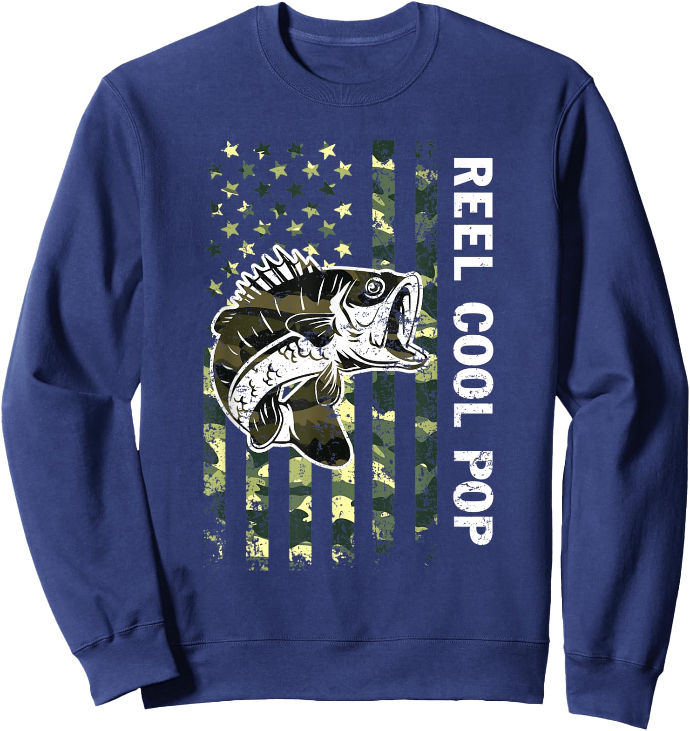 Father's Day Reel Cool Pop Fish Camouflage American Flag Sweatshirt - Sweatshirt | Navy
