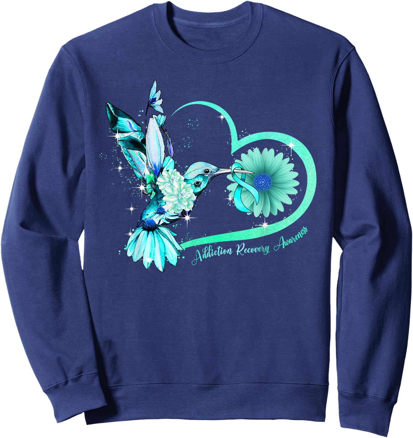 Hummingbird Sunflower Heart Teal Ribbon Addiction Recovery Sweatshirt - Sweatshirt | Navy