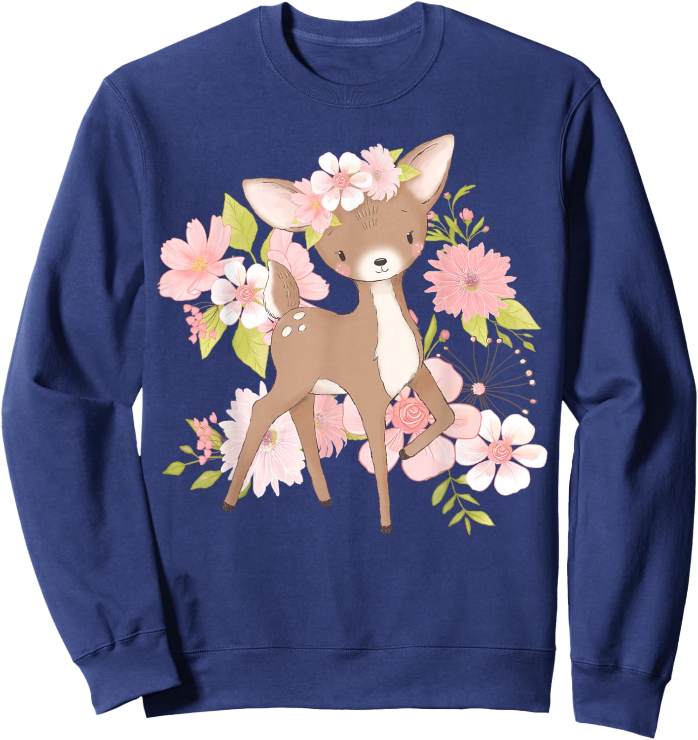 Adorable Floral Woodland Deer Harmony Cute Deer with Flowers and Blossoms - Black - - Kids - Short Sleeve - Modern - Animal Theme - All Seasons Sweatshirt - Sweatshirt | Navy
