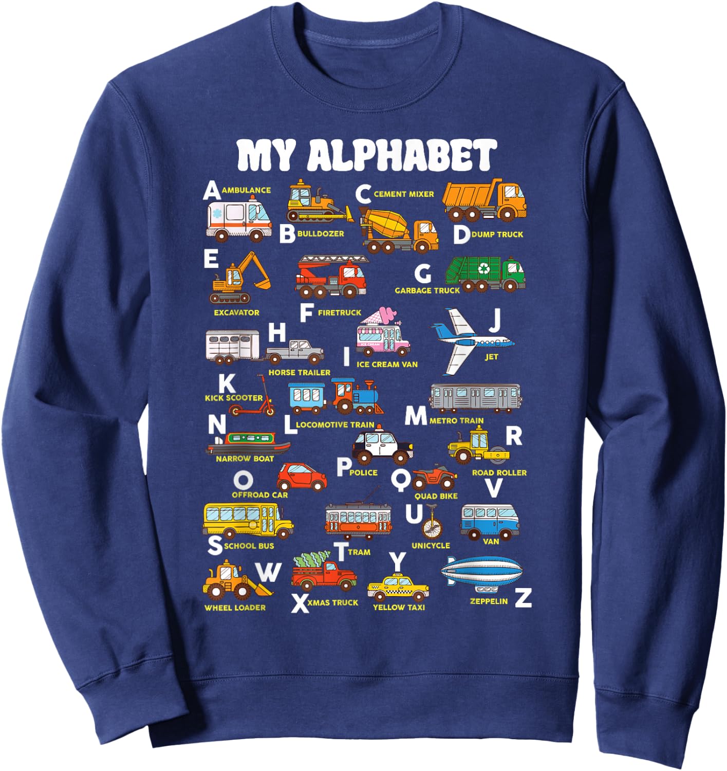 Alphabet Transport Learning ABC Car Bus Truck Educational Sweatshirt - Sweatshirt | Navy
