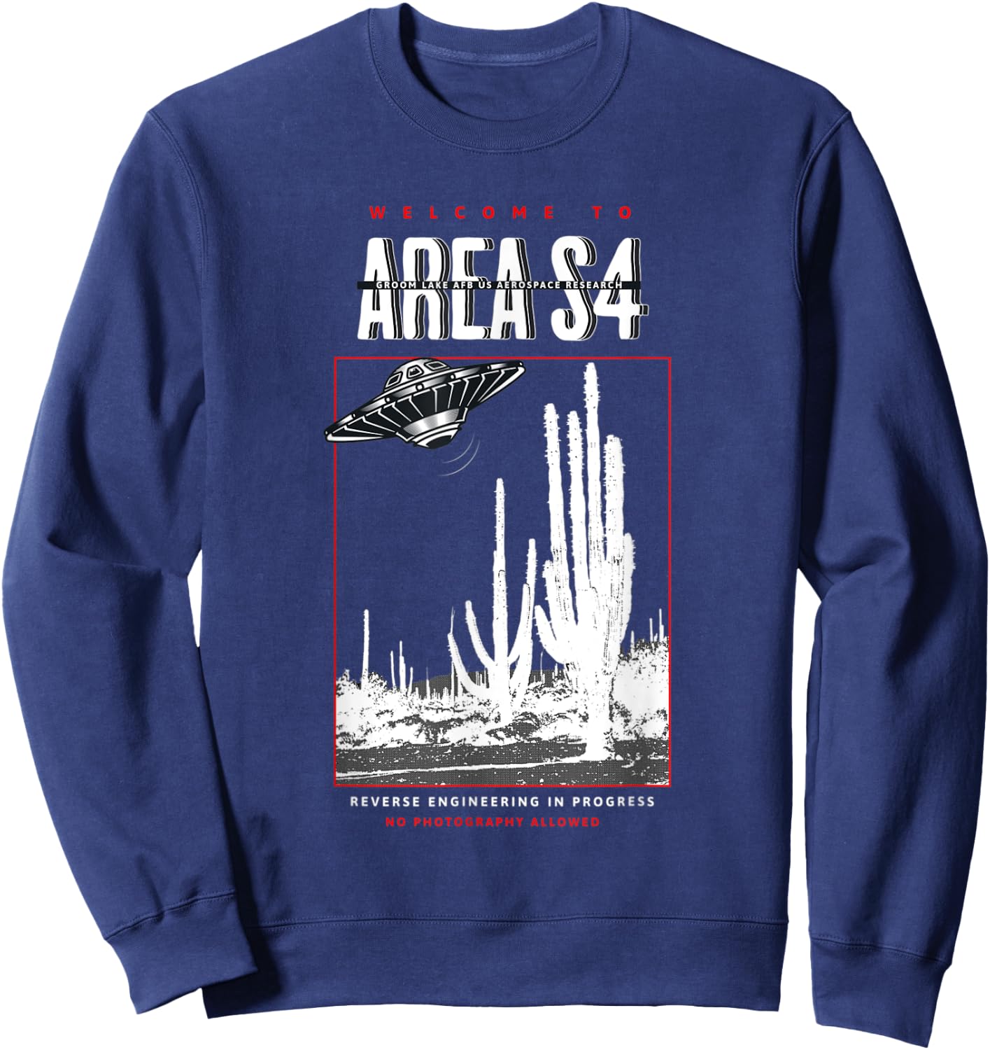 Welcome to Area S4 Groom Lake Nevada UFO Alien Sweatshirt - Sweatshirt | Navy