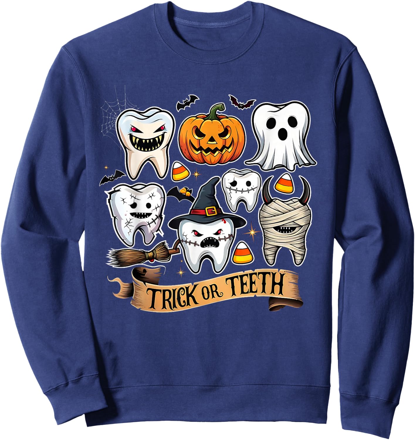 Trick or Teeth Funny Halloween Dentist Tooth Design Sweatshirt - Sweatshirt | Navy