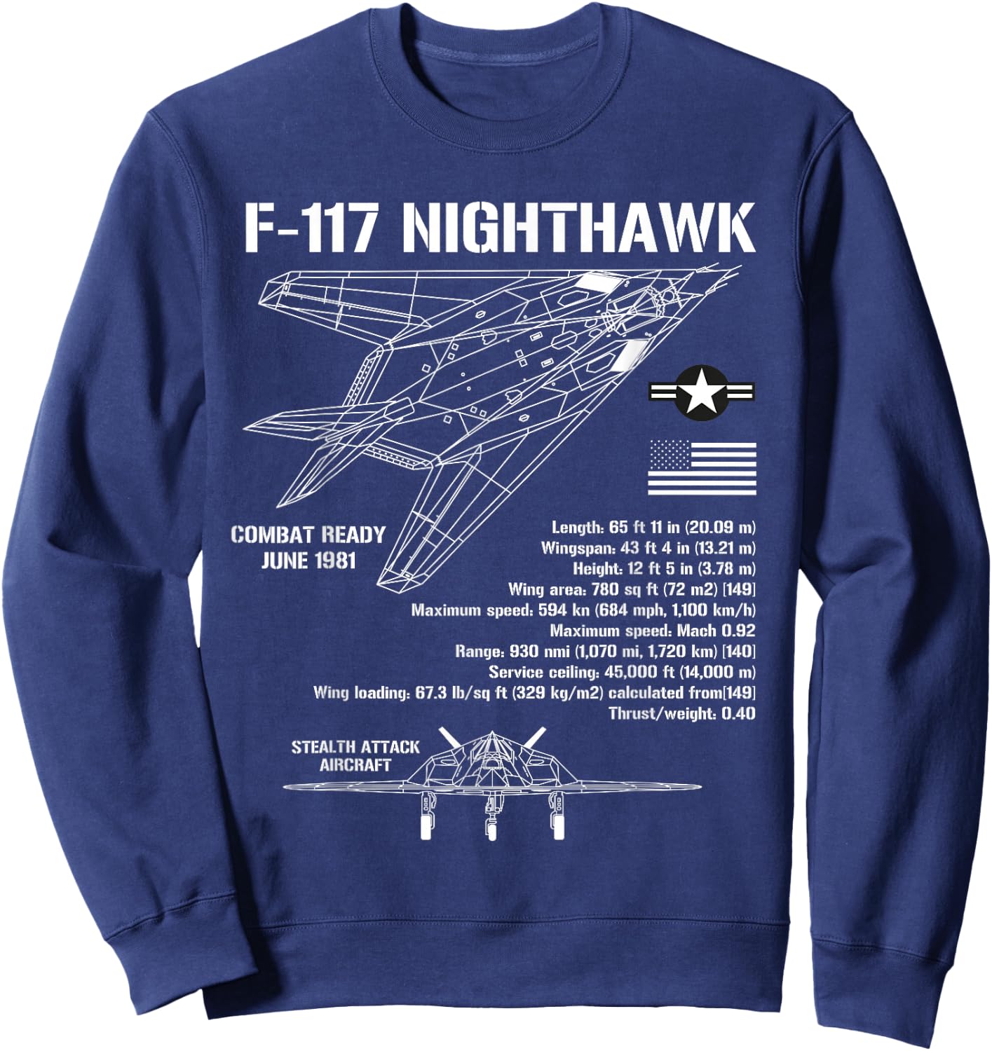 F117 Stealth Nighthawk Specs Military Aircraft F117 Sweatshirt - Sweatshirt | Navy