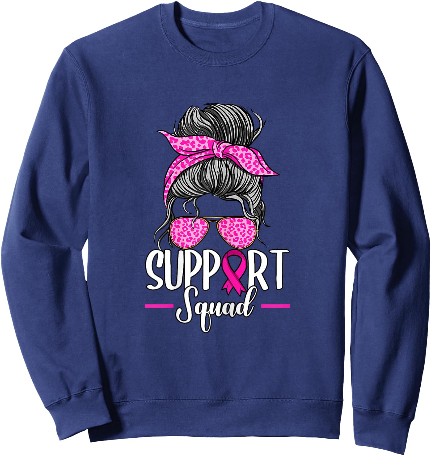 Support Squad Messy Bun Breast Cancer Awareness Sweatshirt - Sweatshirt | Navy