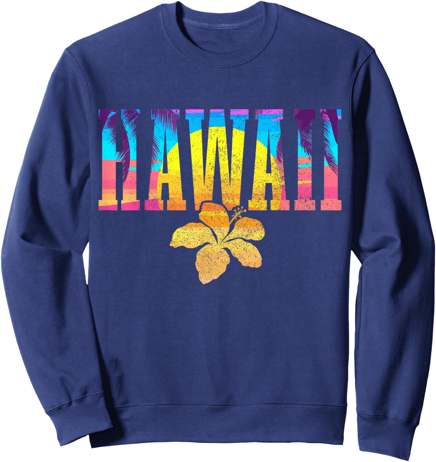 Hawaii Vintage Sunset Hibiscus Flower Hawaiian Surf Surfer Sweatshirt - Sweatshirt | Navy