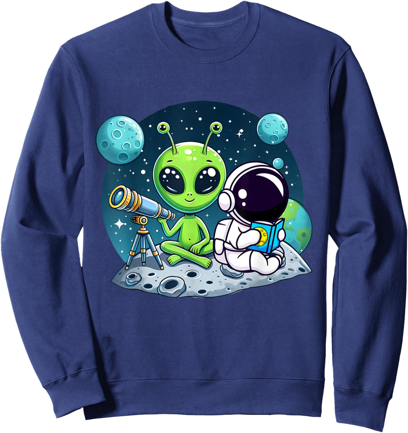 Astronaut Reading Book To Alien Moon Space Women Kids Men Sweatshirt - Sweatshirt | Navy