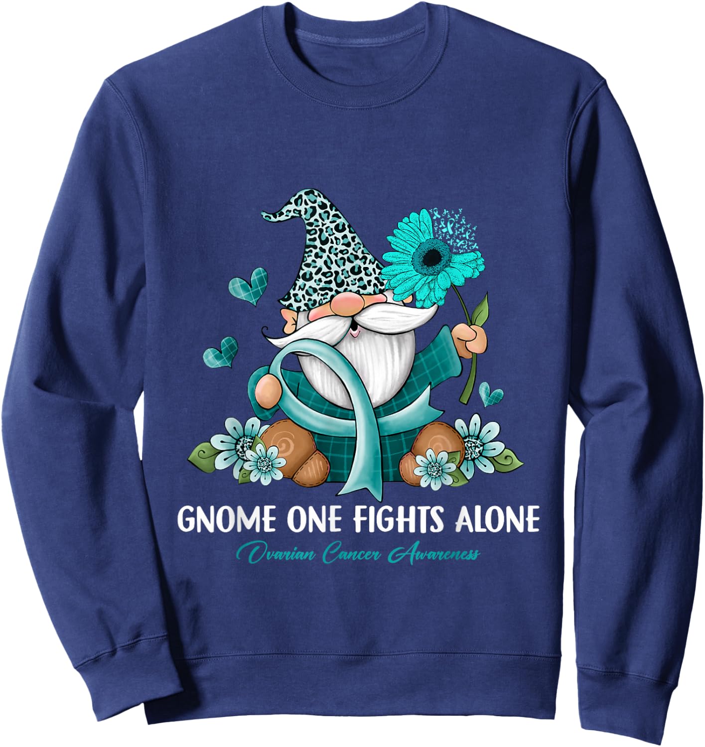 Sunflower Gnome One Fights Alone Ovarian Cancer Awareness Sweatshirt - Sweatshirt | Navy