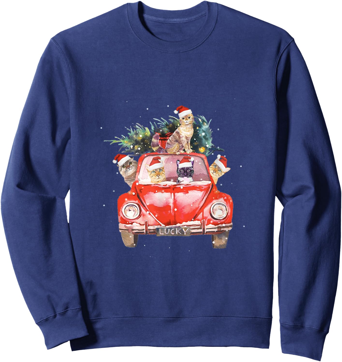 Cat Riding Red Truck Christmas Tree Cat Santa Hat Xmas Gift Women Kids Sweatshirt - Sweatshirt | Navy