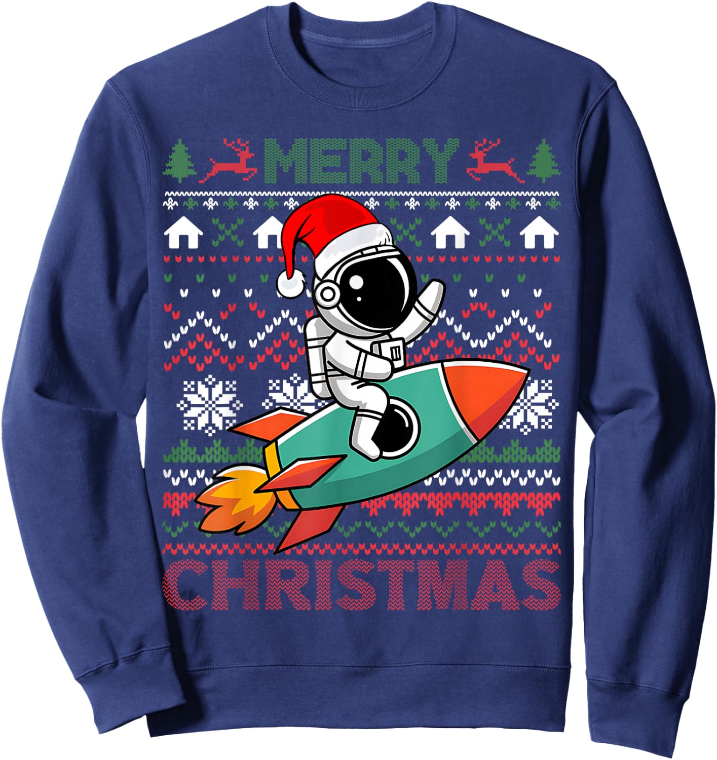 Merry Ugly Christmas Santa Hat Astronaut Riding Rocket Xmas Sweatshirt - Sweatshirt | Navy