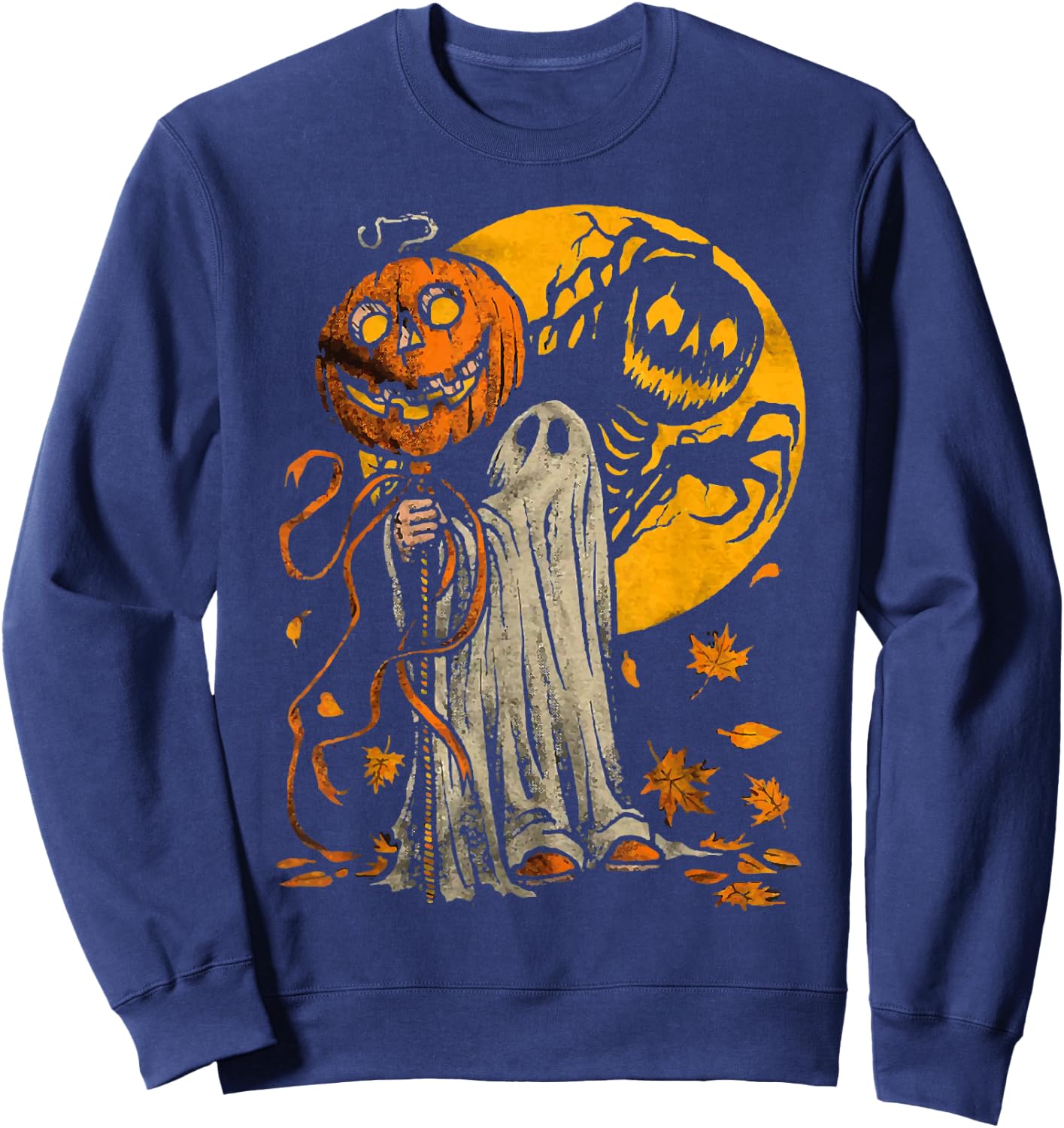 Halloween Pumpkin Ghost Autumn Leaves Graphic Art Sweatshirt - Sweatshirt | Navy