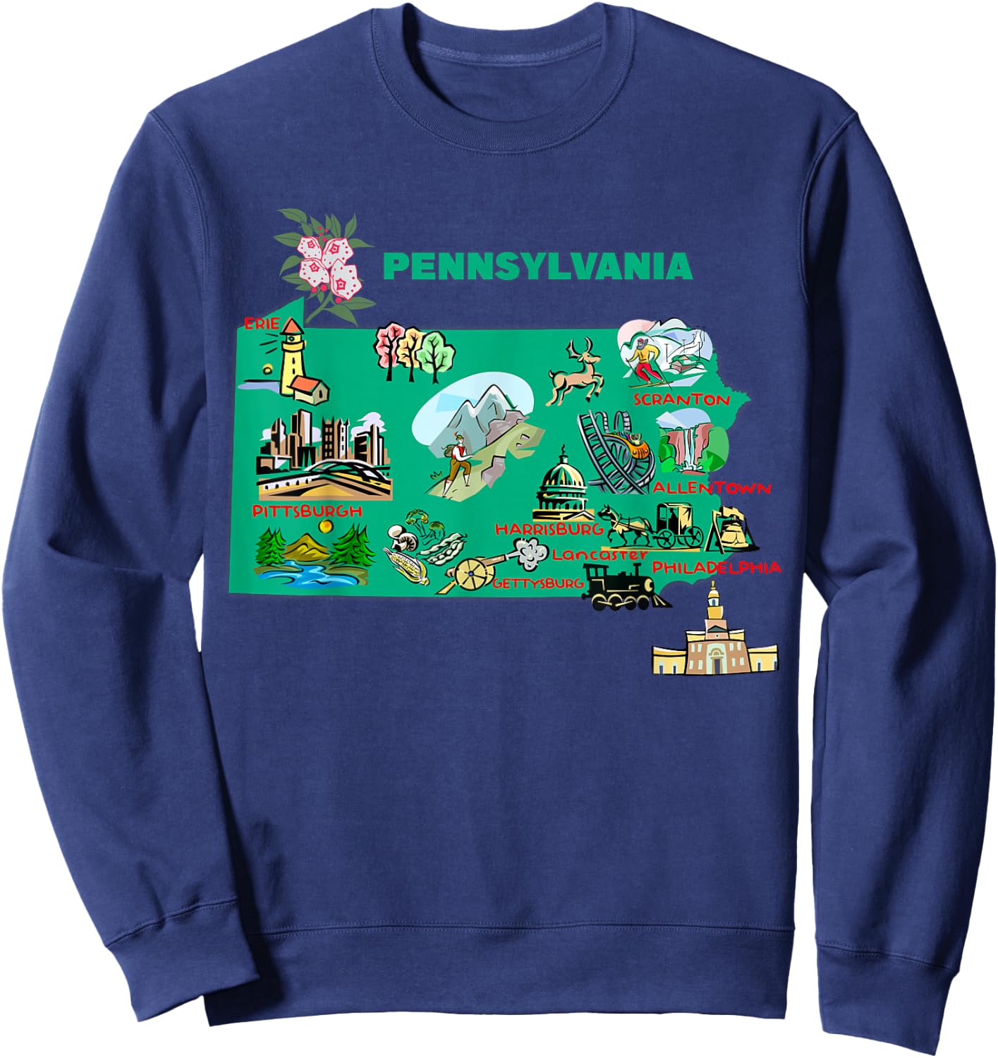 tourism map of Pennsylvania state, USA, major cities, flag Sweatshirt - Sweatshirt | Navy