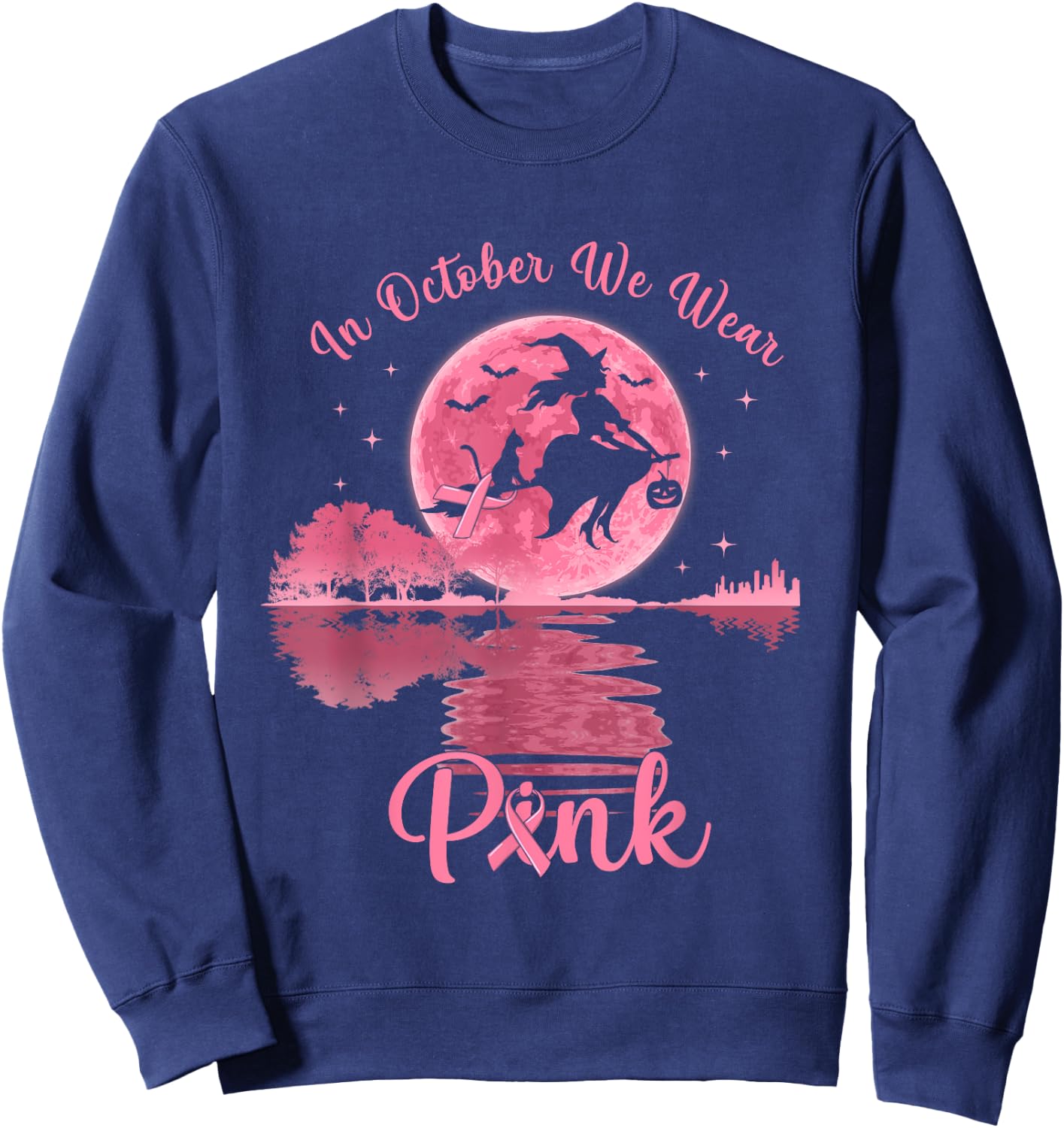 In October We Wear Pink Witch Breast Cancer Awareness Sweatshirt - Sweatshirt | Navy