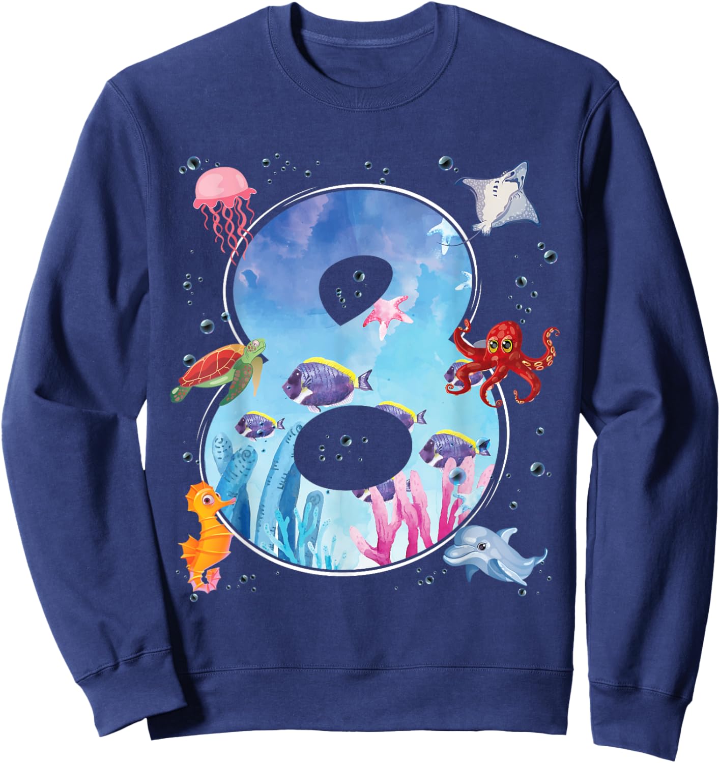 8th Birthday Party Ocean 8 Year Old Sea Fish Aquarium Boy Sweatshirt - Sweatshirt | Navy