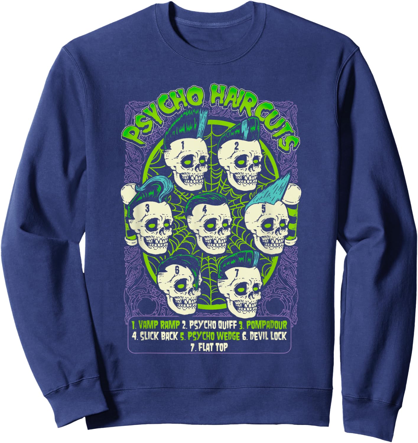 Barbershop Poster Psycho Haircuts Chart Psychobilly Sweatshirt - Sweatshirt | Navy