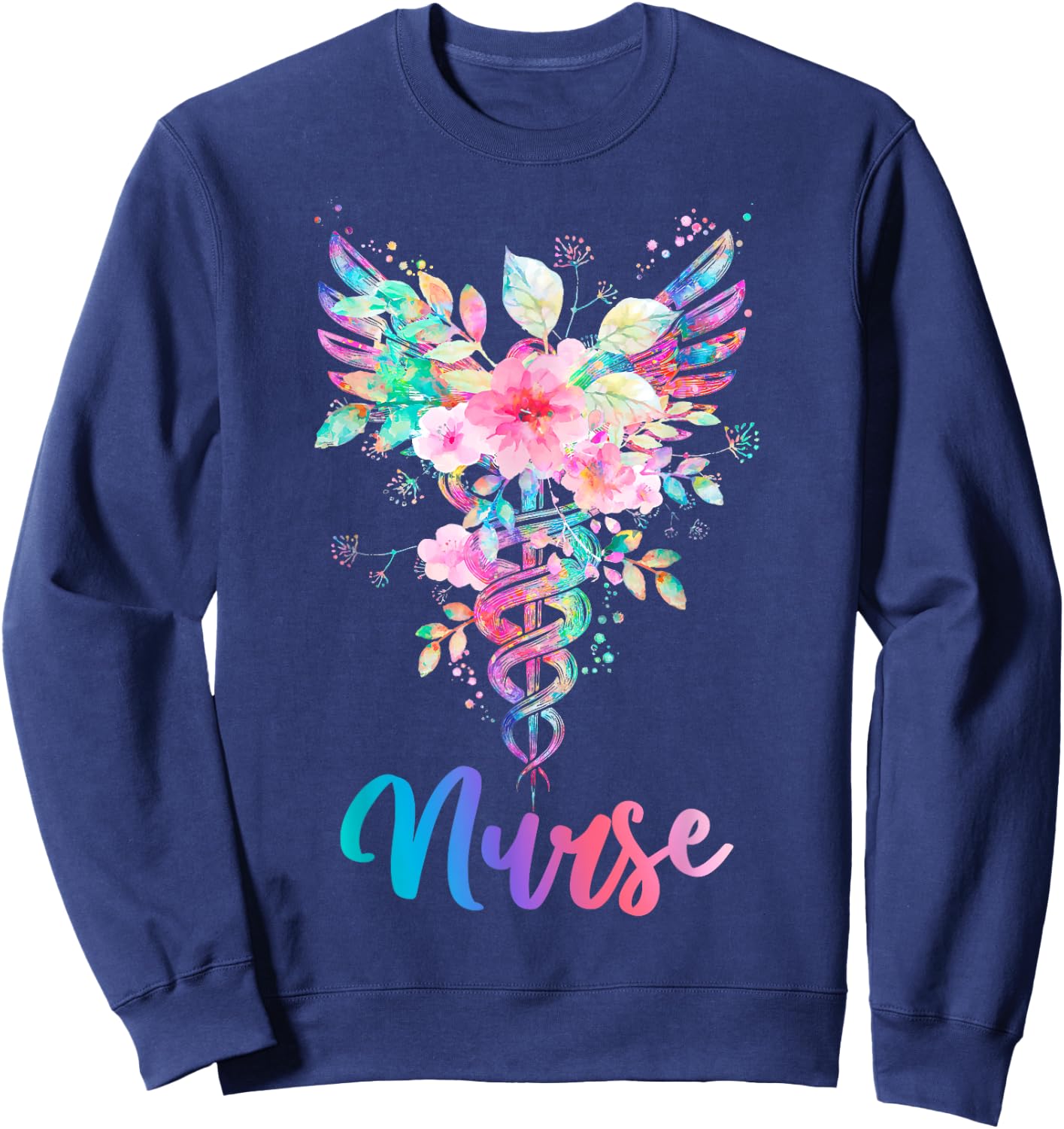 Nurse Watercolor Floral Caduceus Sweatshirt - Sweatshirt | Navy