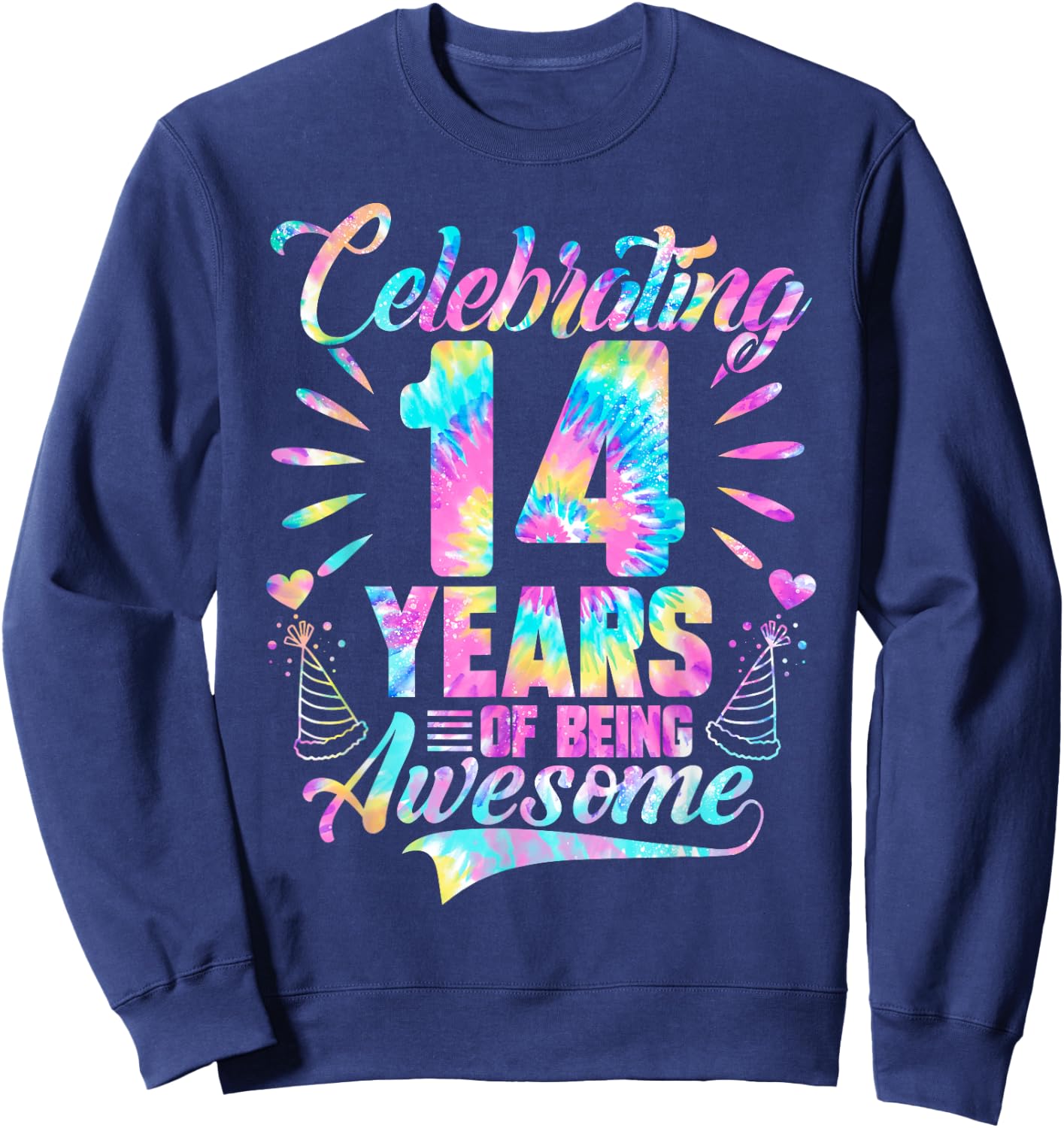 Celebrating 14 Year Of Being Awesome With Tie-dye Graphic Sweatshirt - Sweatshirt | Navy