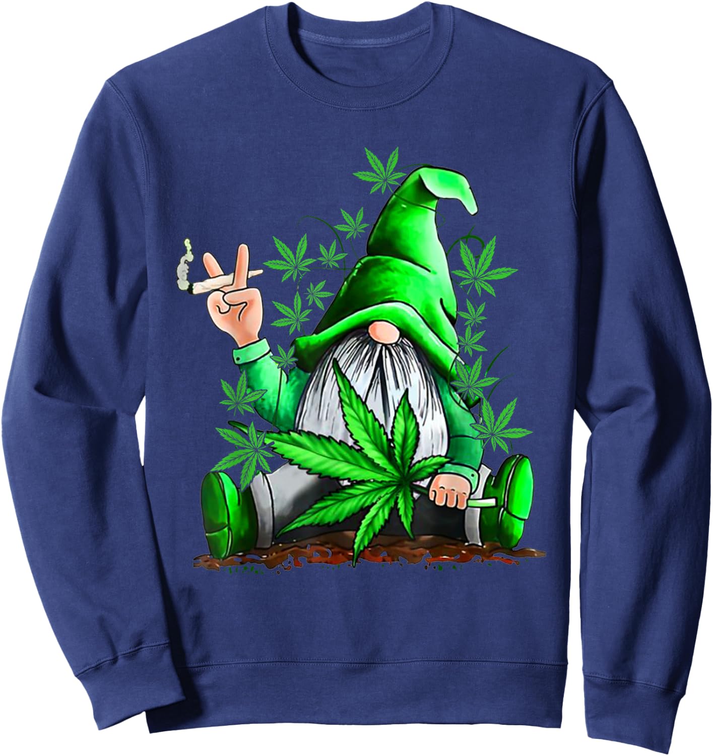Funny Gnome Pot Leaf 420 Marijuana Weed Cannabis Smoking Sweatshirt - Sweatshirt | Navy