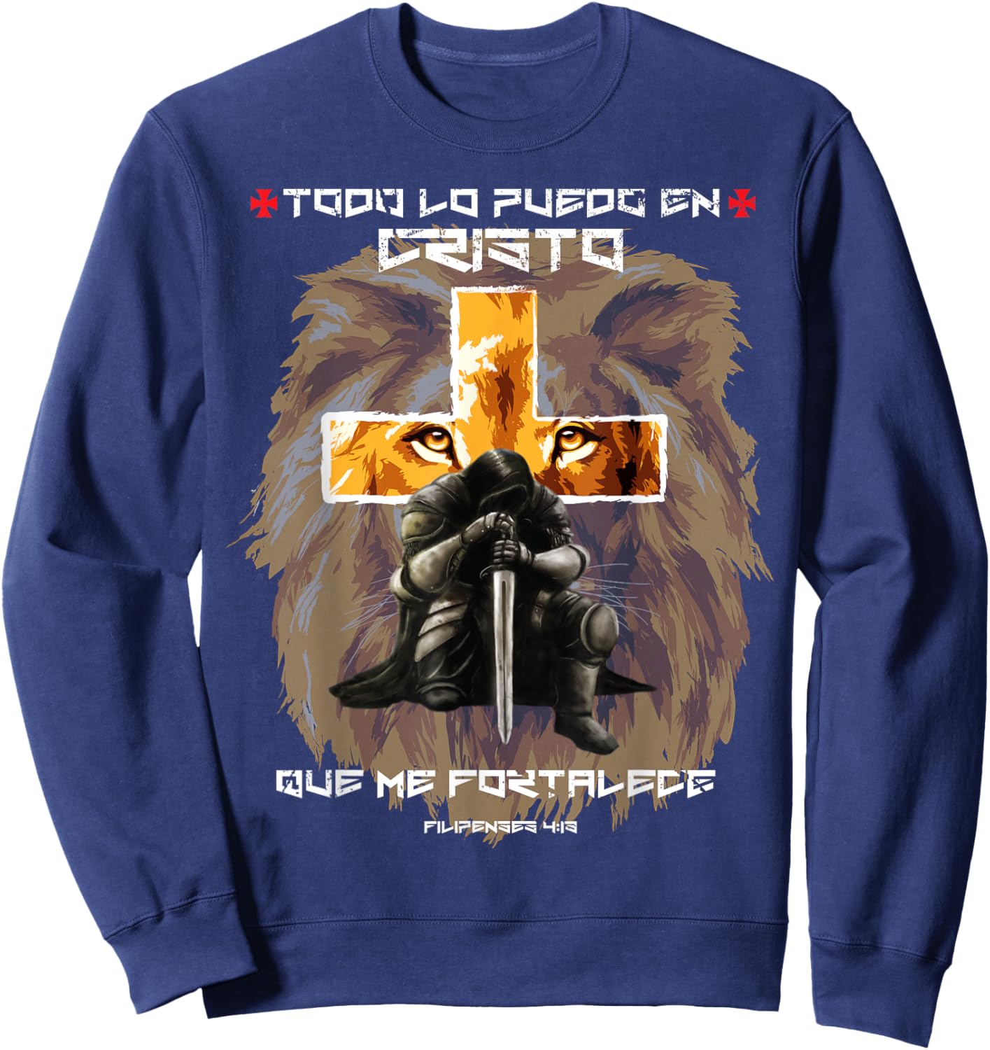 Lion Graphic Christian Spanish Products With Crosses Verses Sweatshirt - Sweatshirt | Navy