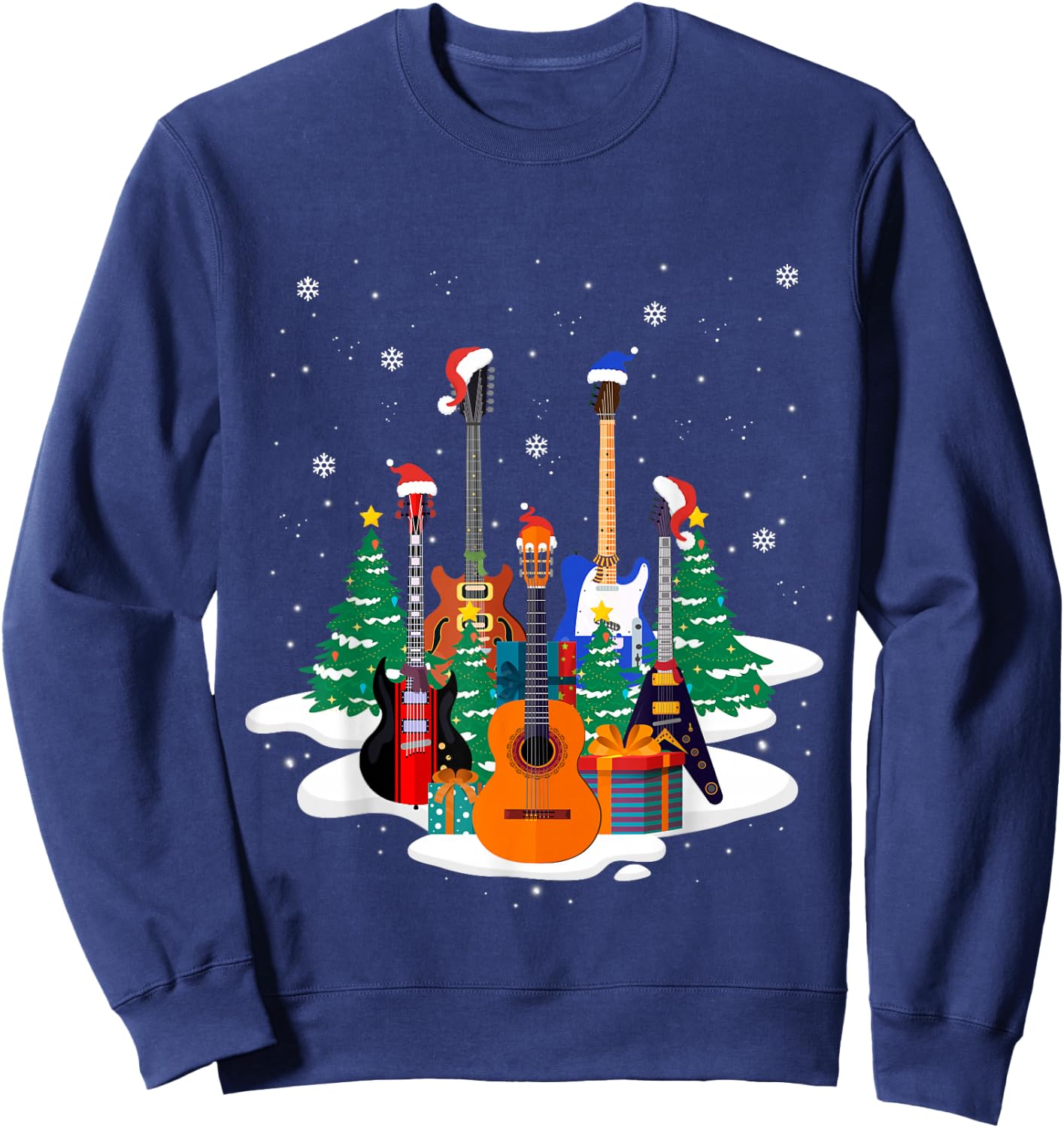 Guitar Santa Hat Christmas Tree Funny Music Loves Xmas Gifts Sweatshirt - Sweatshirt | Navy