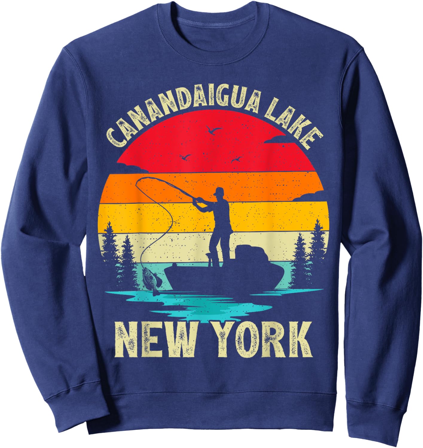 Summer Vacation Fishing Vintage New York Canandaigua Lake Sweatshirt - Sweatshirt | Navy