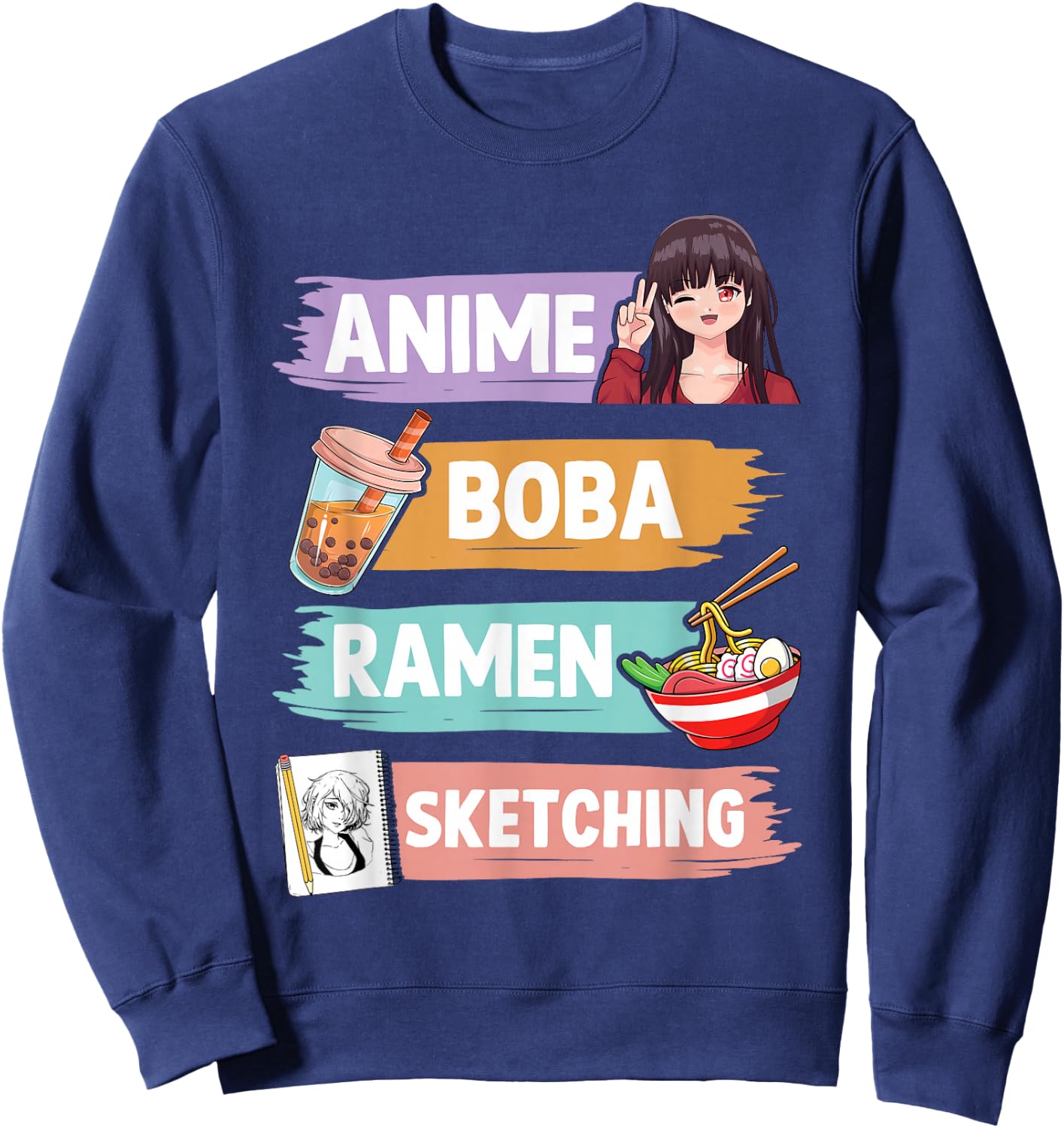 Anime Boba Ramen Sketching Otaku Kawaii Anime Girl Women Sweatshirt - Sweatshirt | Navy
