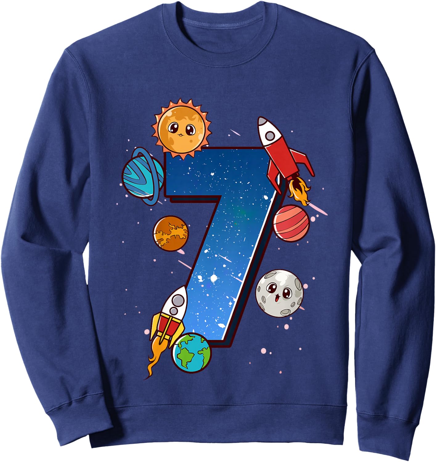Kids Boys 7th Birthday Party Outfit 7 Years Old Space Planets Sweatshirt - Sweatshirt | Navy